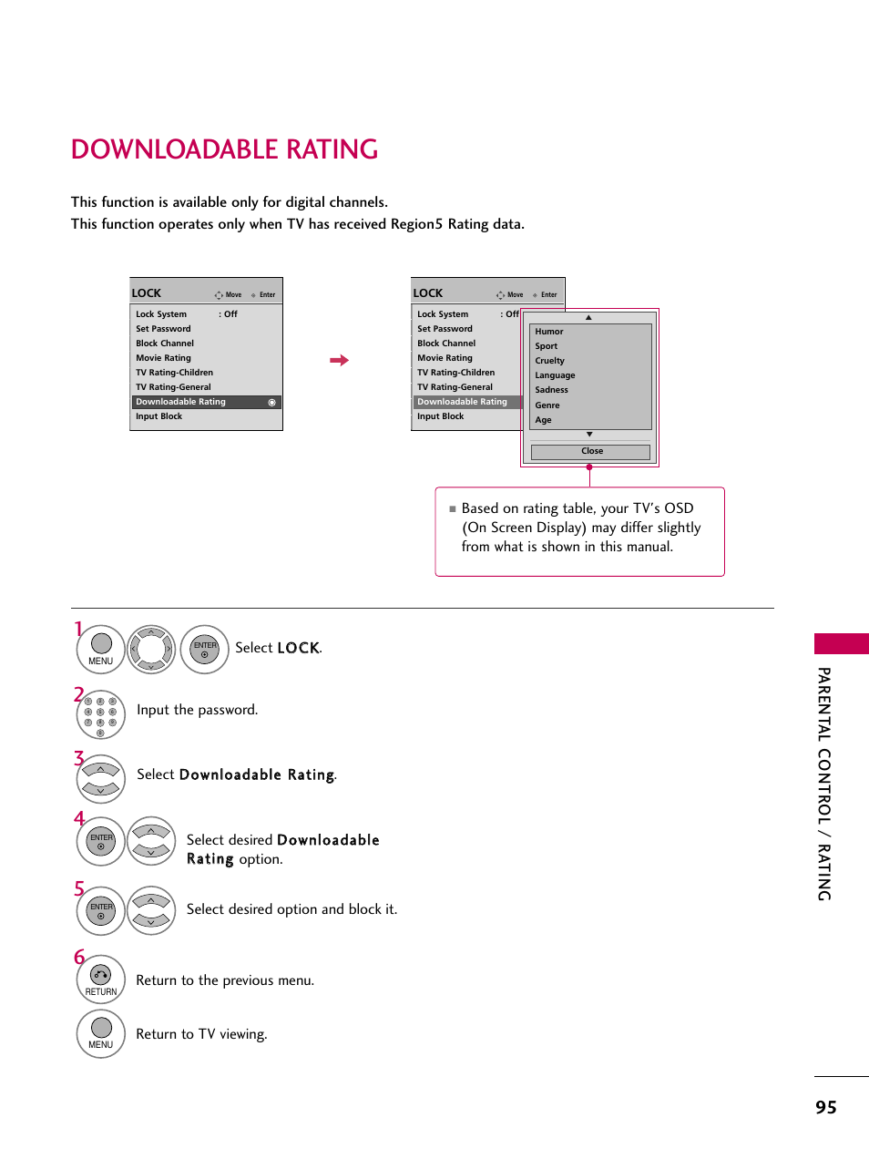 Downloadable rating, Parent al contr ol / r a ting | LG 60PS11 User Manual | Page 97 / 115