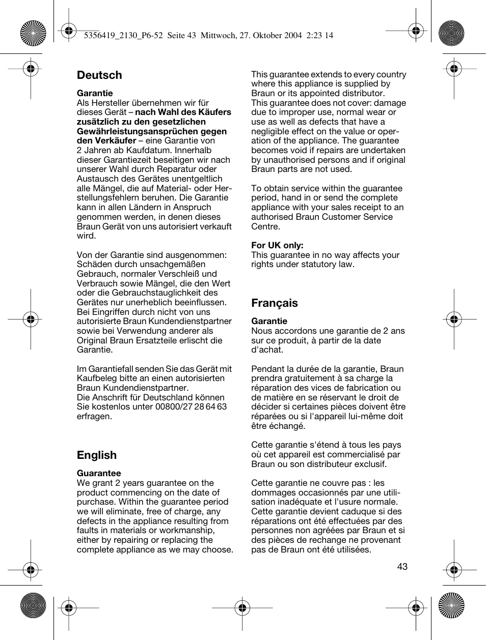 Deutsch, English, Français | Braun 2120 Silk-épil EverSoft User Manual | Page 42 / 50