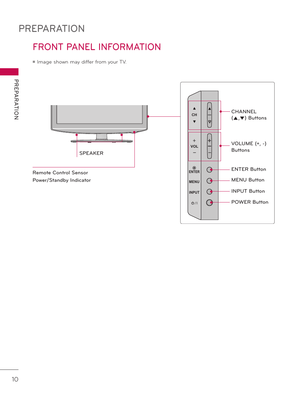 Front panel information, Preparation, Pr ep a r at io n | LG 42LD320H User Manual | Page 10 / 212