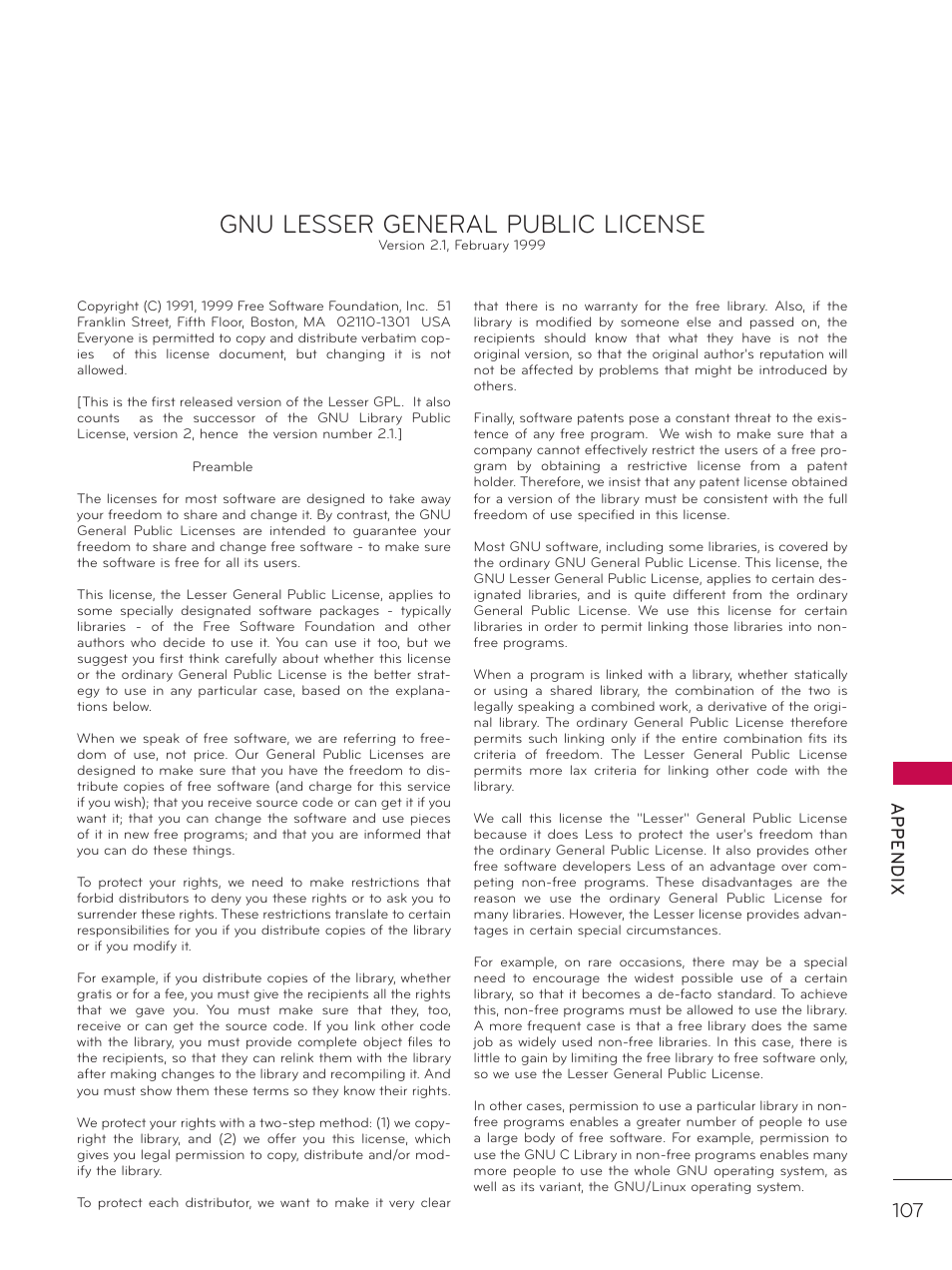 Gnu lesser general public license, Ap p en d ix | LG 42LD320H User Manual | Page 107 / 212