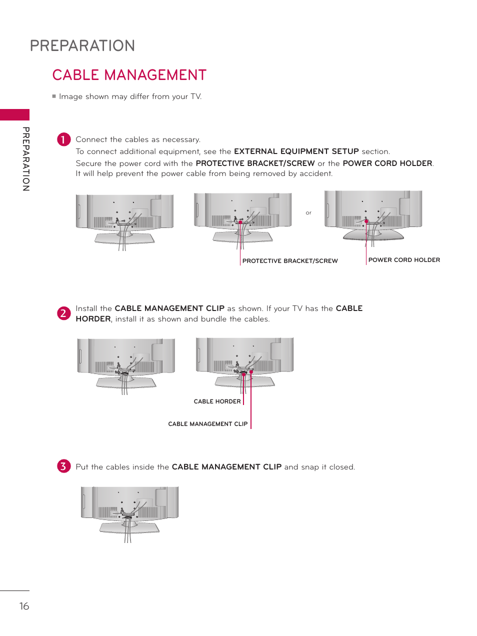 Cable management, Preparation | LG 42LD320H User Manual | Page 16 / 212