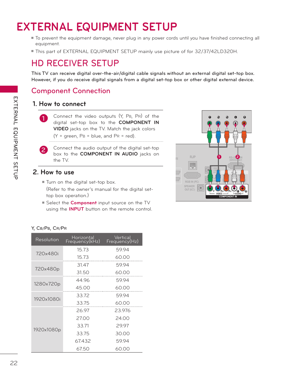 External equipment setup, Hd receiver setup, Component connection | How to connect, How to use, Connect the video outputs (y, p, Blue, and p, Red) | LG 42LD320H User Manual | Page 22 / 212