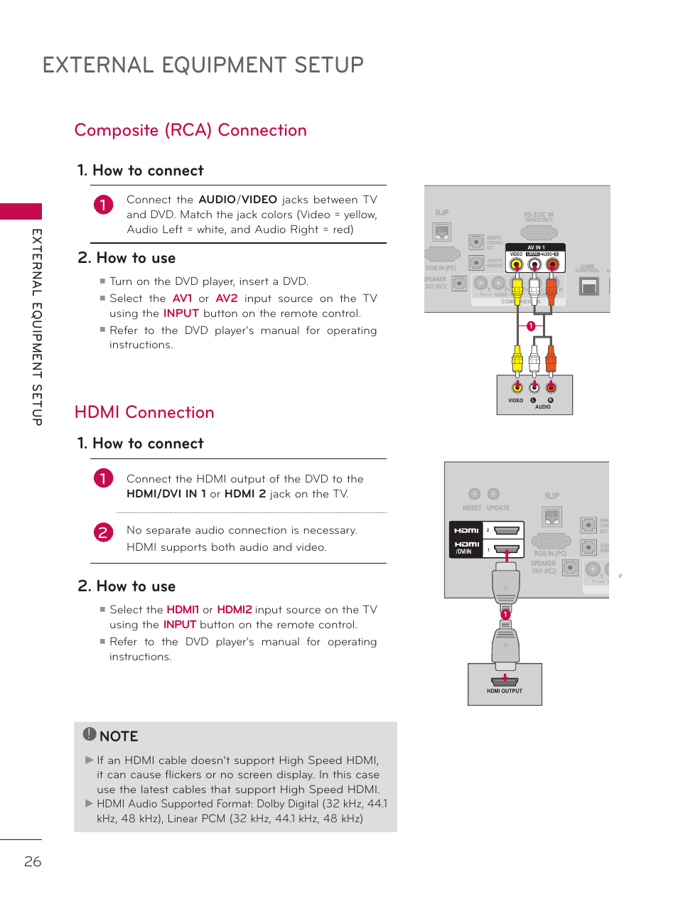 Composite (rca) connection, Hdmi connection, External equipment setup | How to connect, How to use, Turn on the dvd player, insert a dvd | LG 42LD320H User Manual | Page 26 / 212