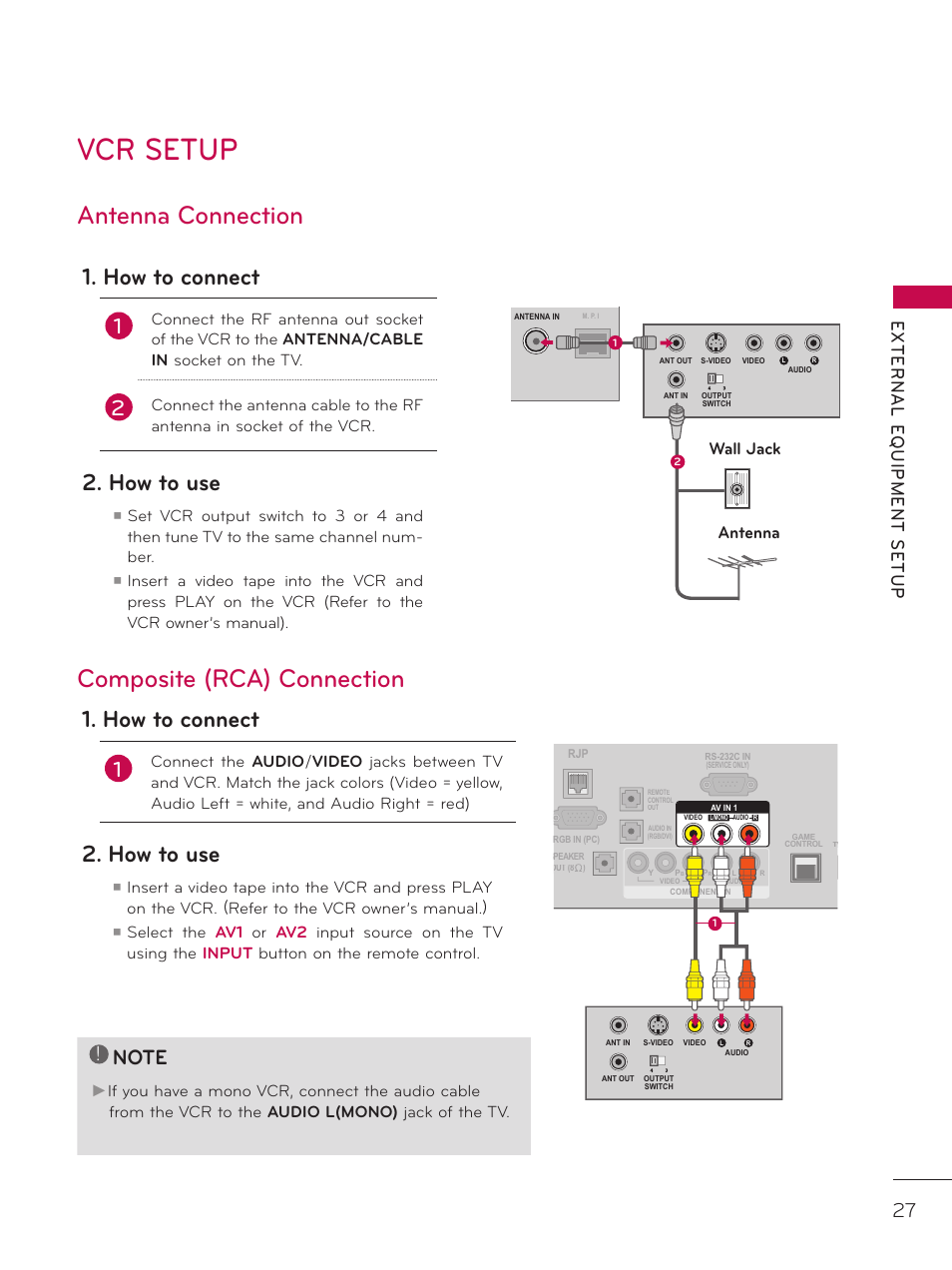 Vcr setup, Antenna connection, Composite (rca) connection | How to connect, How to use, Wall jack antenna | LG 42LD320H User Manual | Page 27 / 212