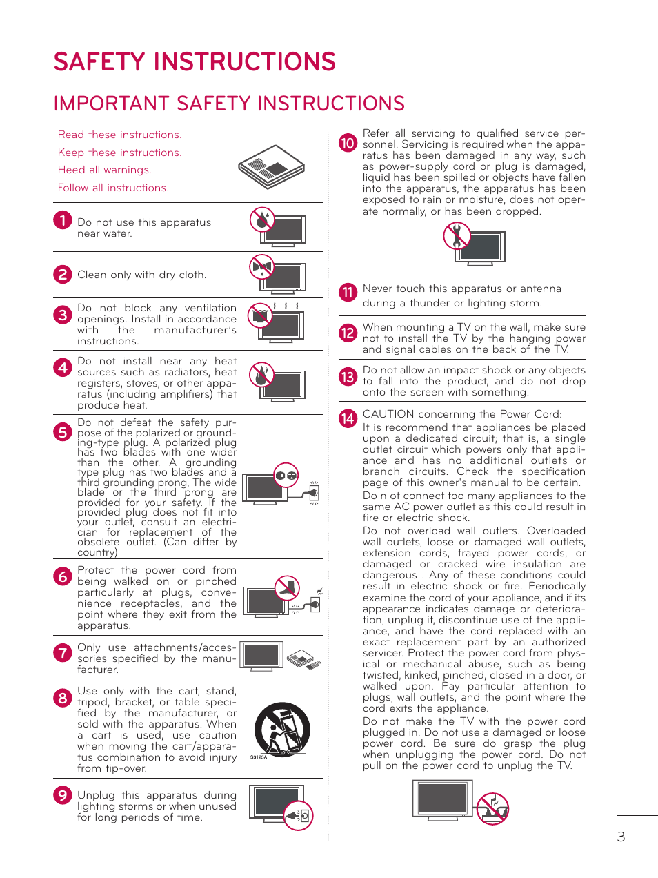 Safety instructions, Important safety instructions | LG 42LD320H User Manual | Page 3 / 212