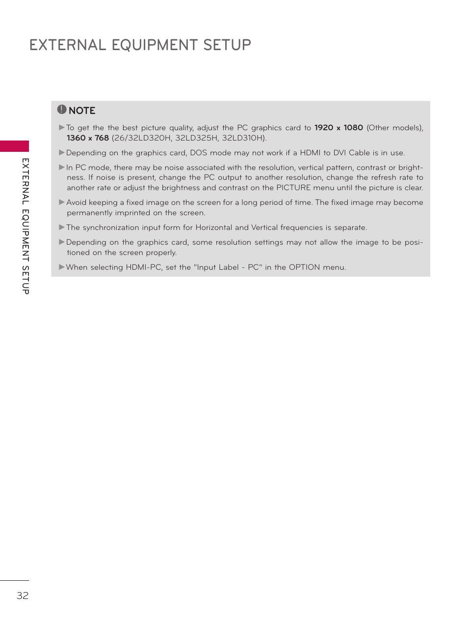 External equipment setup | LG 42LD320H User Manual | Page 32 / 212