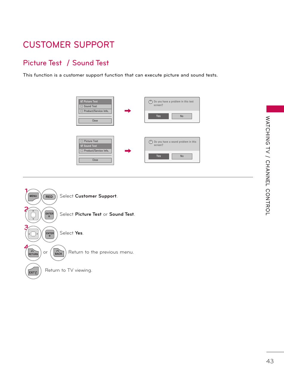 Customer support, Picture test / sound test | LG 42LD320H User Manual | Page 43 / 212