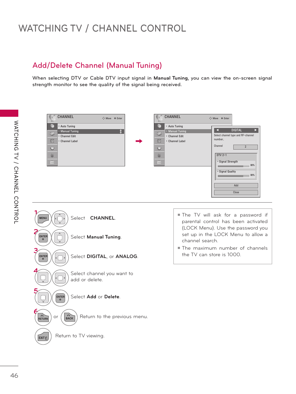 Add/delete channel (manual tuning), Watching tv / channel control | LG 42LD320H User Manual | Page 46 / 212