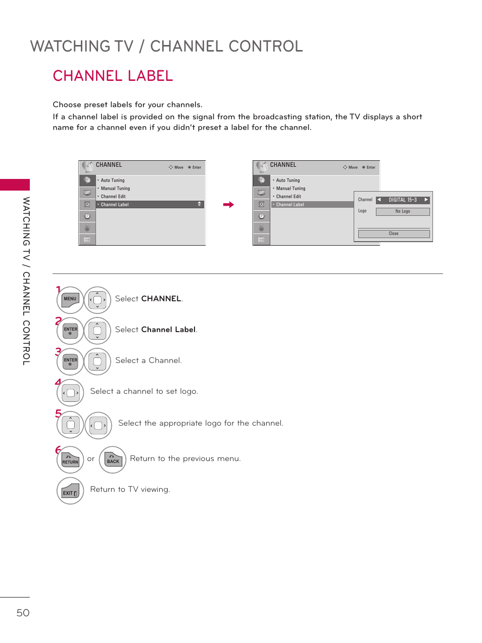 Channel label, Watching tv / channel control | LG 42LD320H User Manual | Page 50 / 212