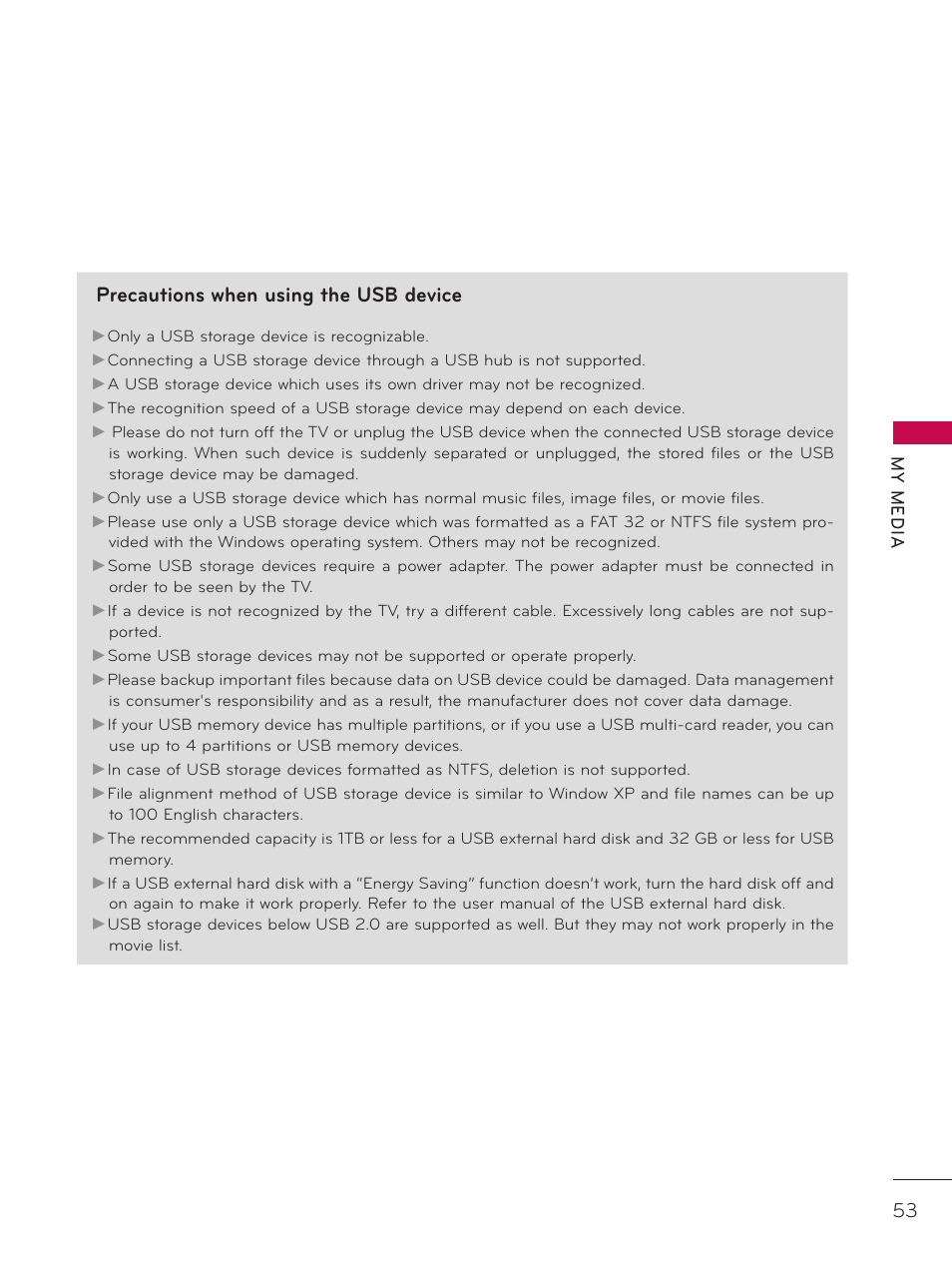 Precautions when using the usb device | LG 42LD320H User Manual | Page 53 / 212