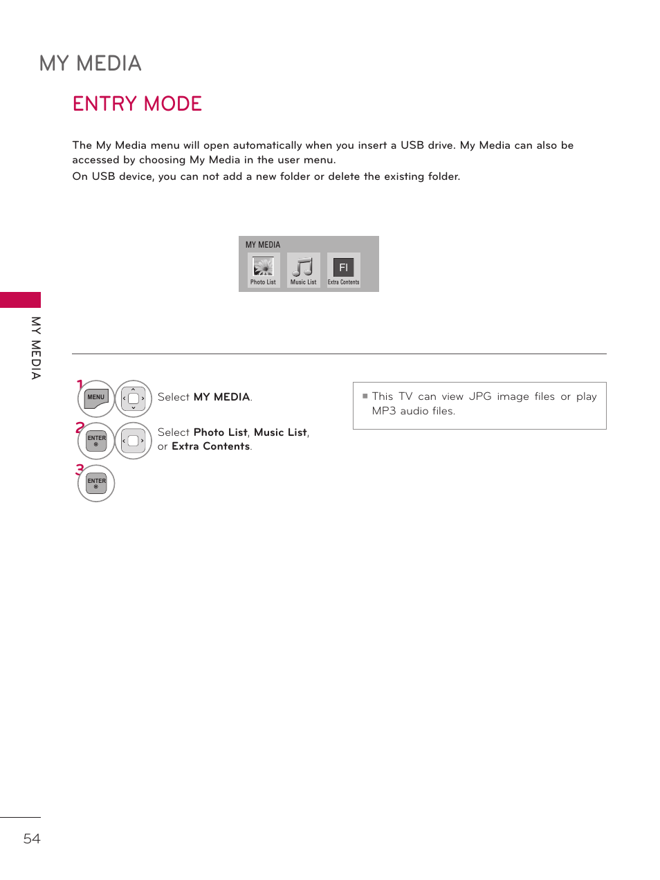 Entry mode, My media | LG 42LD320H User Manual | Page 54 / 212