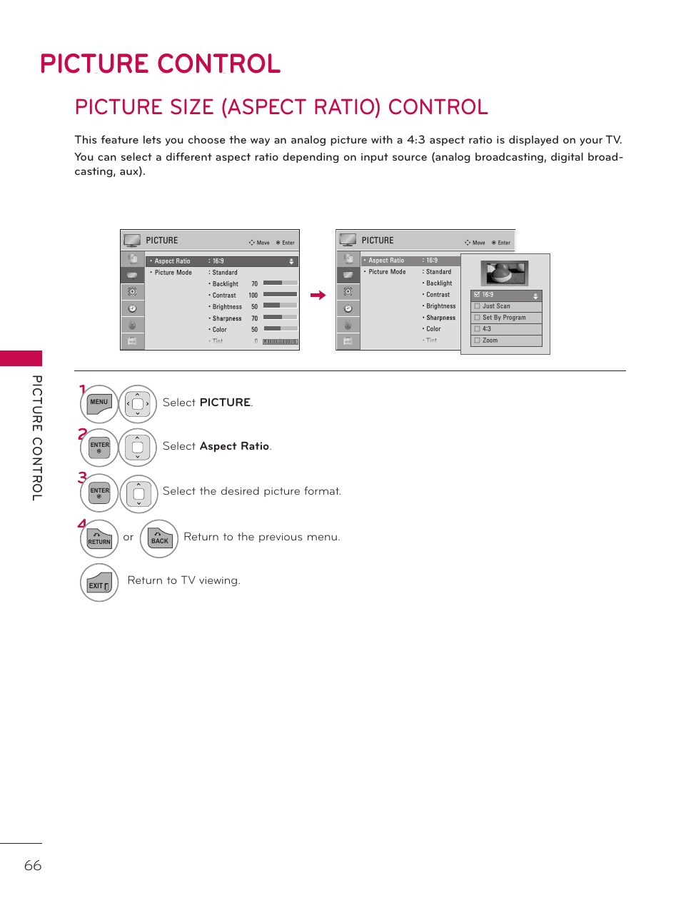 Picture control, Picture size (aspect ratio) control | LG 42LD320H User Manual | Page 66 / 212