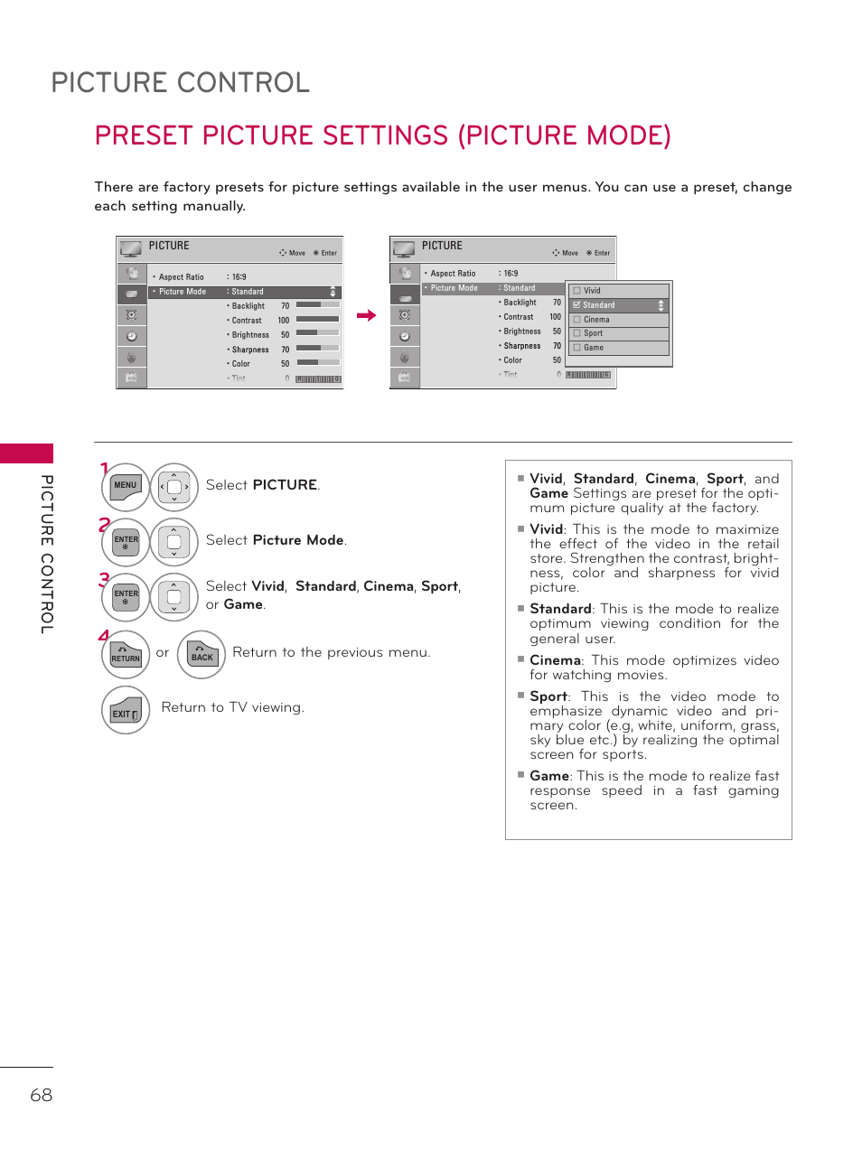 Preset picture settings (picture mode), Picture control | LG 42LD320H User Manual | Page 68 / 212