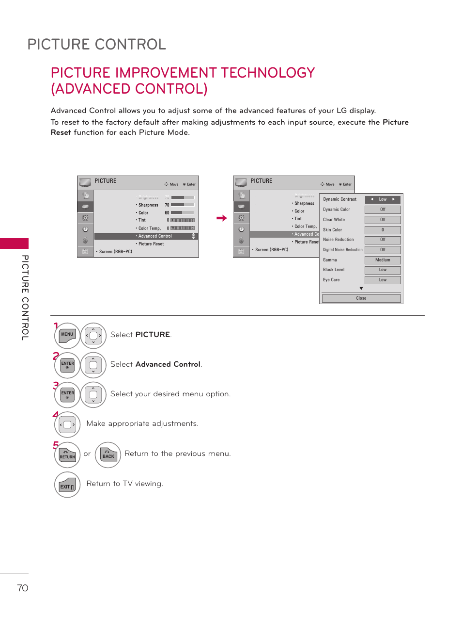 Picture improvement technology(advanced control), Picture control, Picture improvement technology (advanced control) | LG 42LD320H User Manual | Page 70 / 212