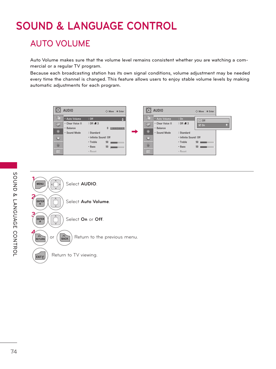 Sound & language control, Auto volume | LG 42LD320H User Manual | Page 74 / 212
