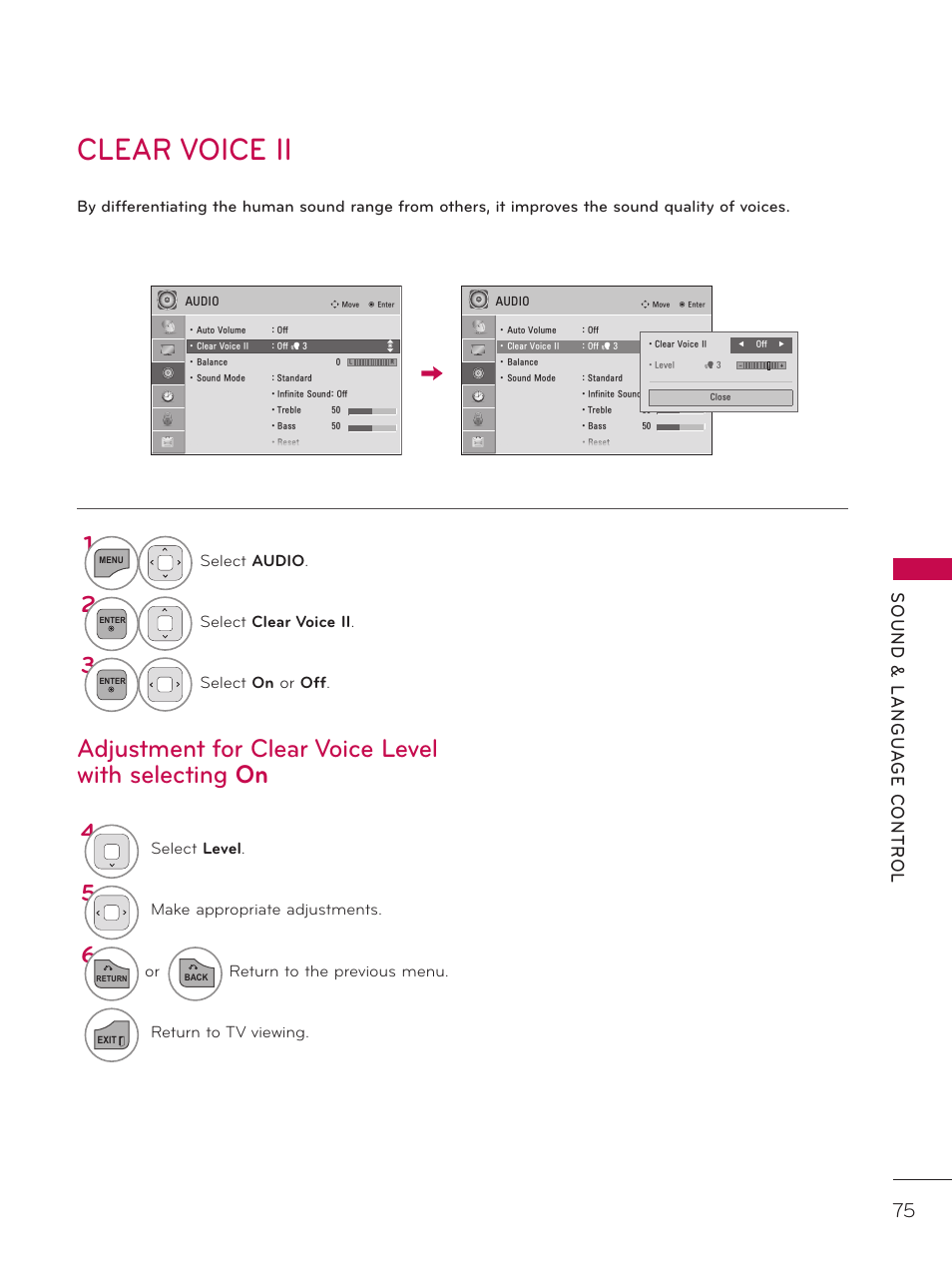 Clear voice ii, Adjustment for clear voice level with selecting on | LG 42LD320H User Manual | Page 75 / 212