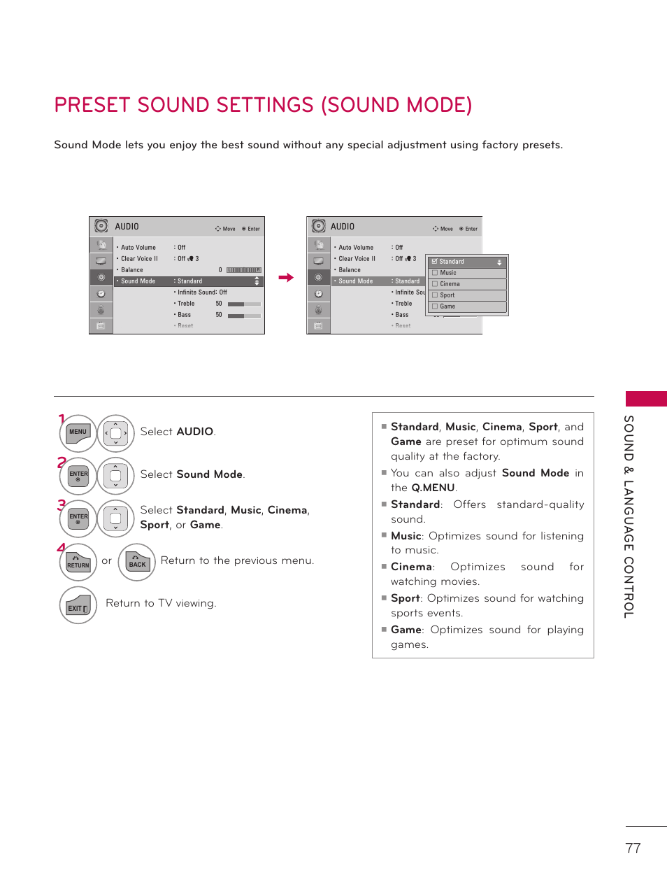 Preset sound settings (sound mode) | LG 42LD320H User Manual | Page 77 / 212