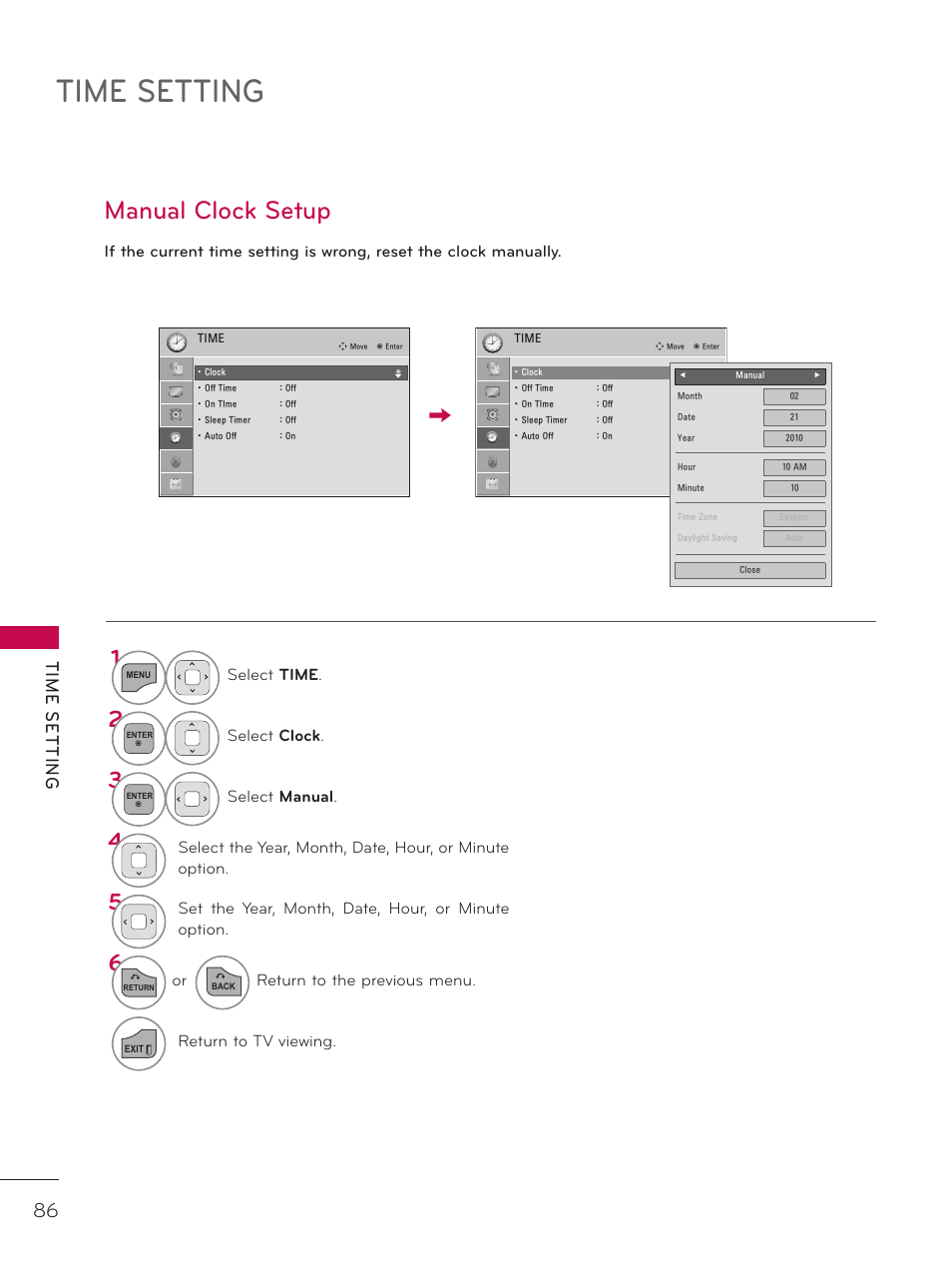 Time setting, Manual clock setup, Tim e s et tin g | LG 42LD320H User Manual | Page 86 / 212