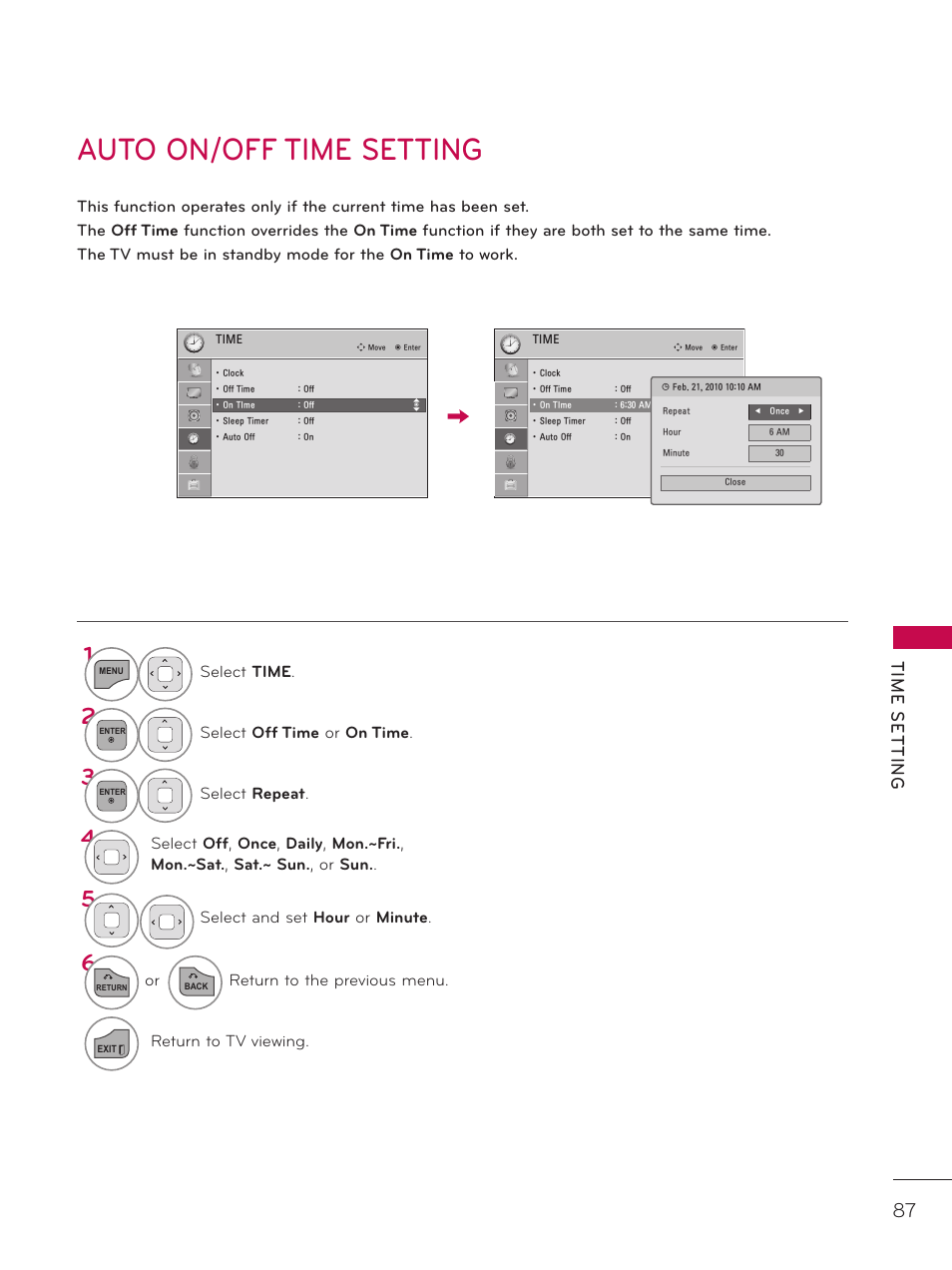 Auto on/off time setting, Tim e s et tin g | LG 42LD320H User Manual | Page 87 / 212