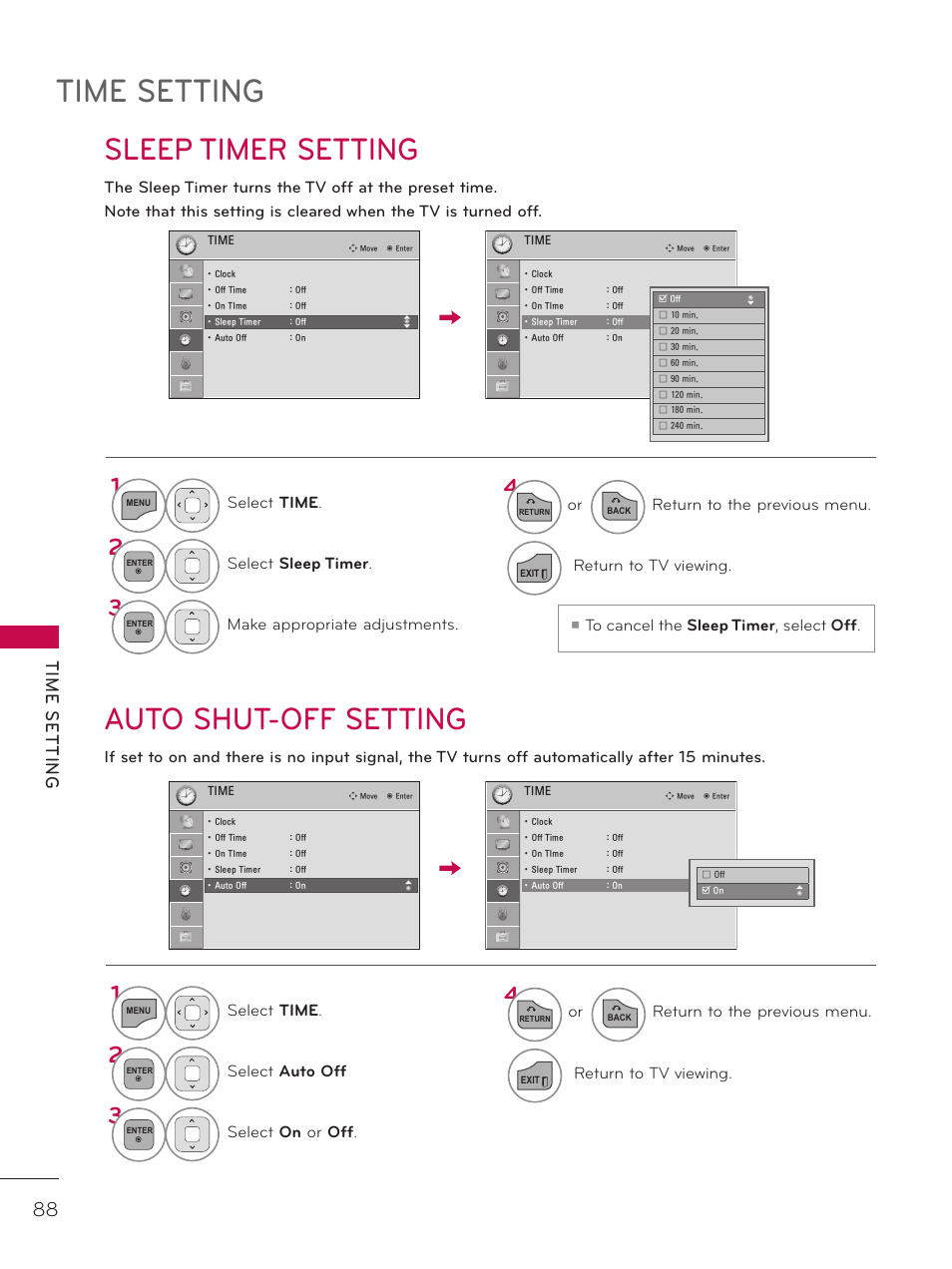 Sleep timer setting, Auto shut-off setting, Time setting | Tim e s et tin g, Select time, Select sleep timer, Make appropriate adjustments, Or return to the previous menu, Return to tv viewing, Select auto off | LG 42LD320H User Manual | Page 88 / 212