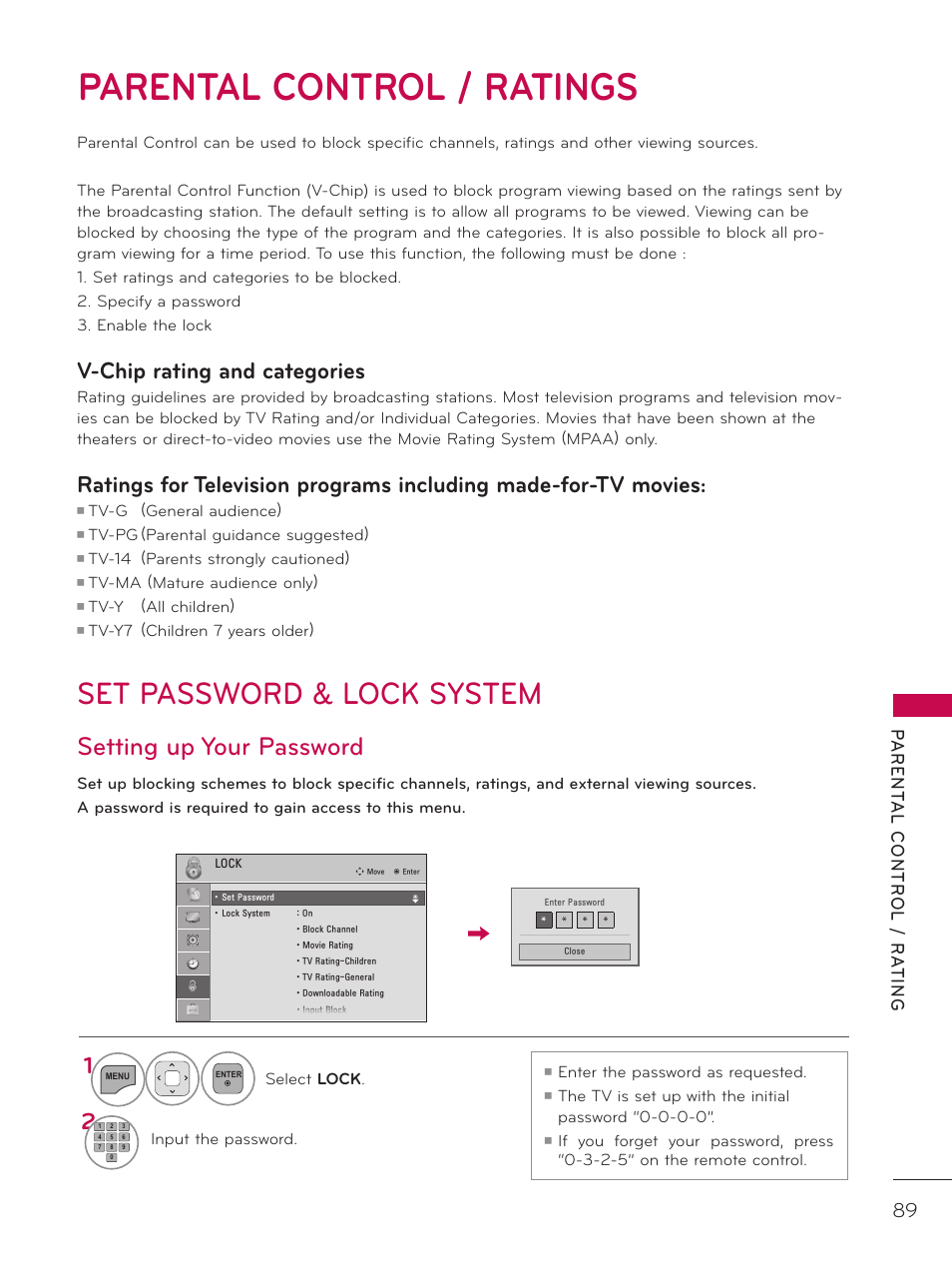 Parental control / ratings, Set password & lock system, Setting up your password | V-chip rating and categories | LG 42LD320H User Manual | Page 89 / 212