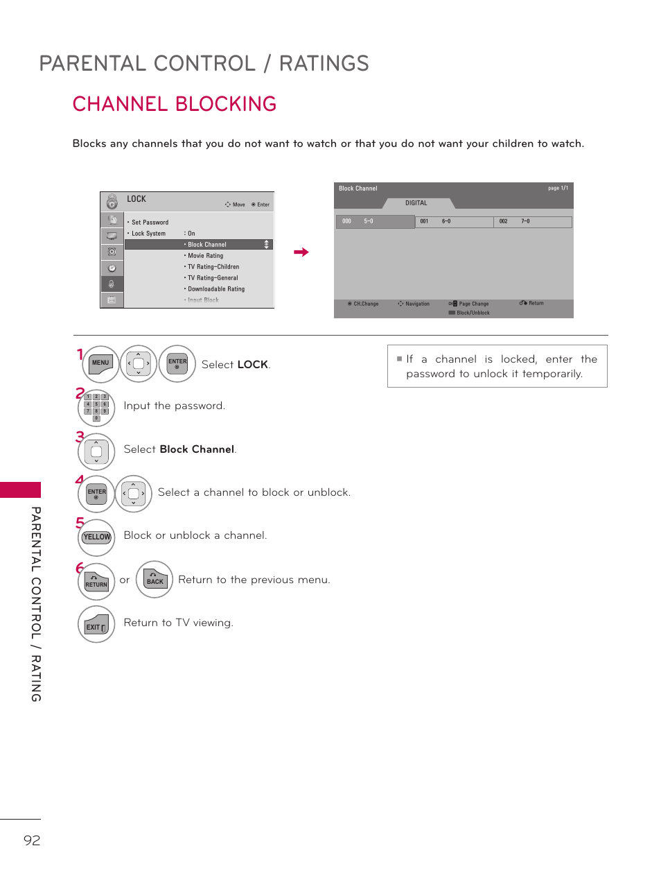 Channel blocking, Parental control / ratings | LG 42LD320H User Manual | Page 92 / 212