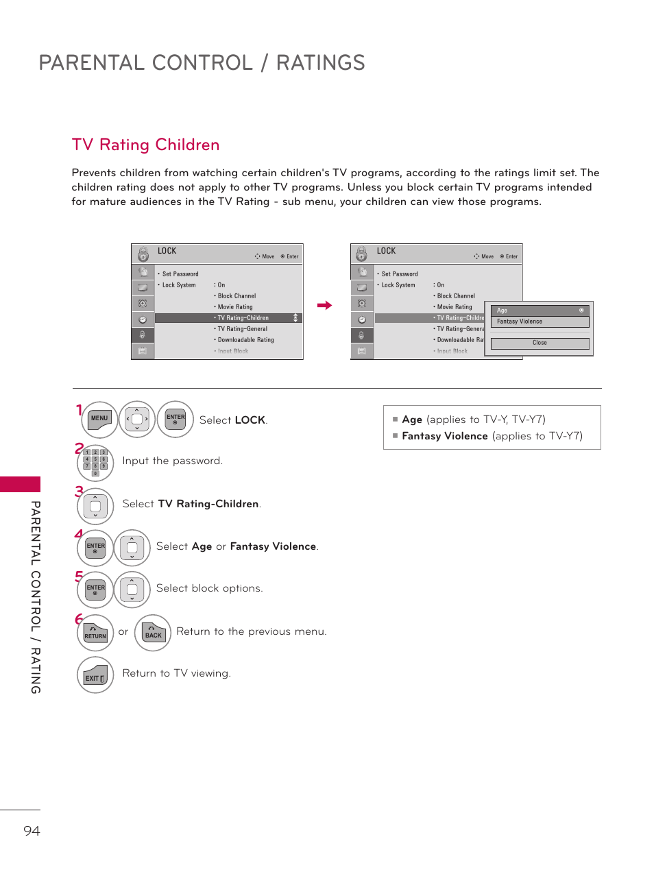 Tv rating children, Parental control / ratings | LG 42LD320H User Manual | Page 94 / 212