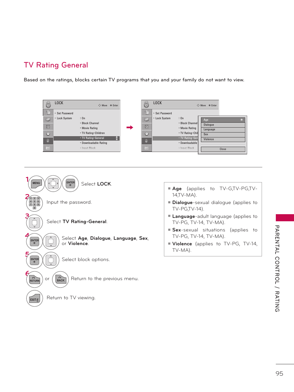 Tv rating general | LG 42LD320H User Manual | Page 95 / 212
