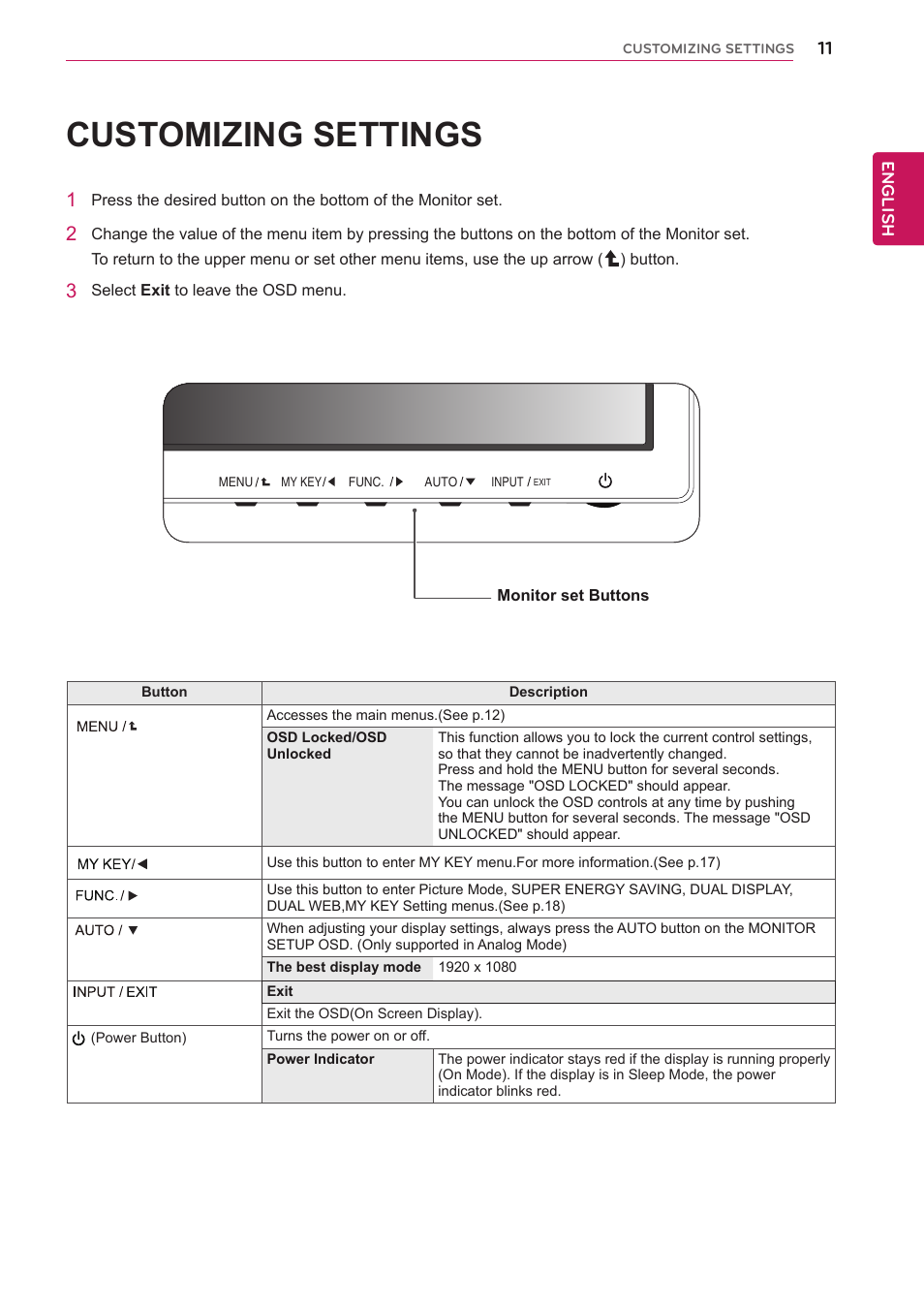 Customizing settings | LG 22EN33T User Manual | Page 11 / 30