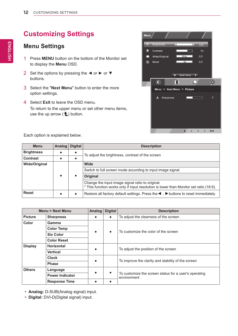 Customizing settings, Menu settings, 12 customizing | Settings, Menu, Accesses the main menus.(see p.12) | LG 22EN33T User Manual | Page 12 / 30