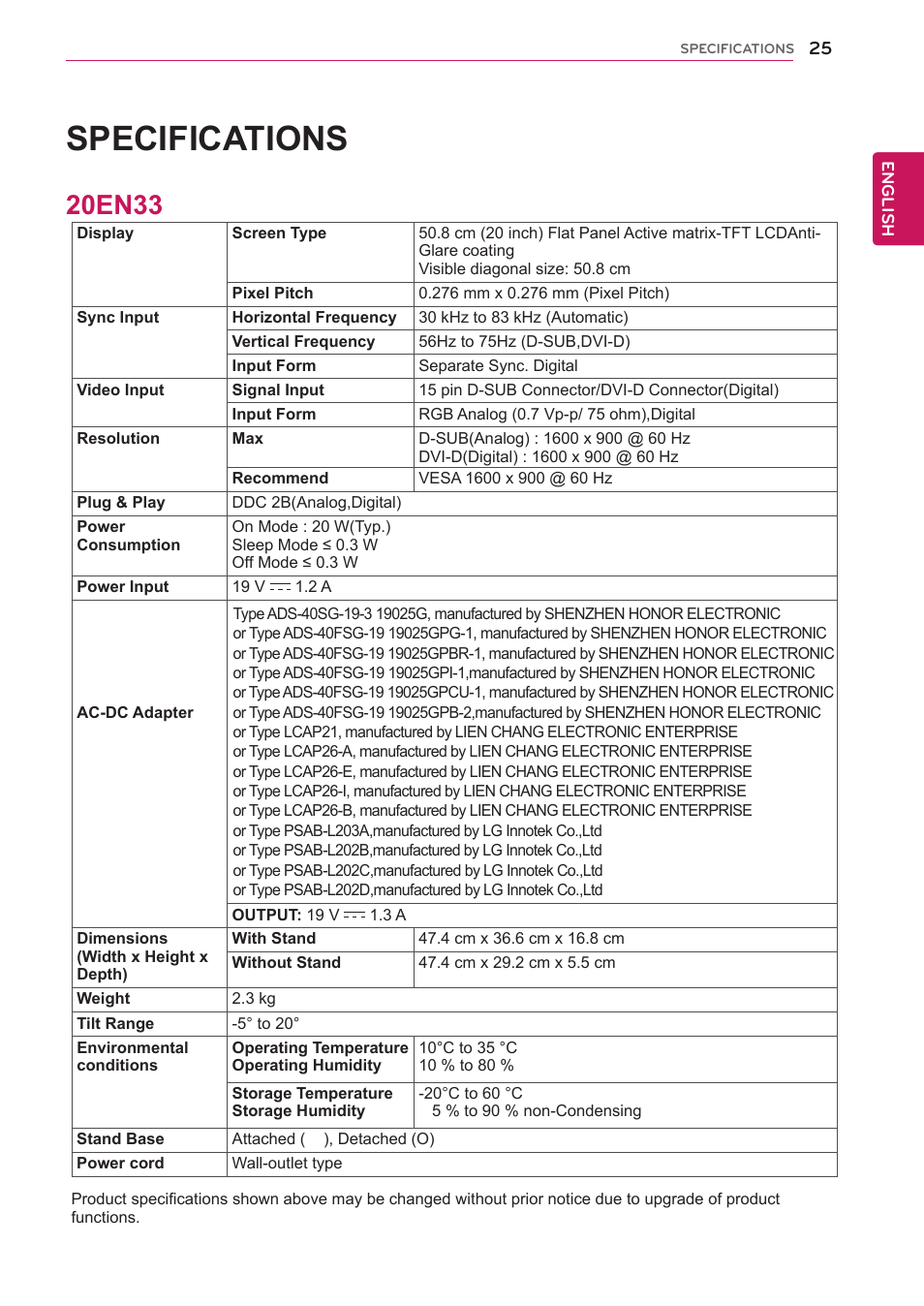 20en33t, Specifications | LG 22EN33T User Manual | Page 25 / 30