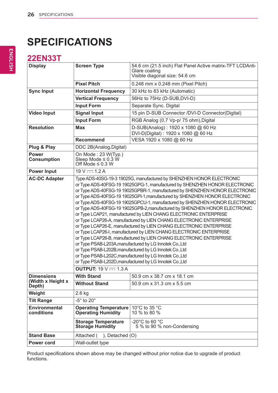 22en33t, Specifications, 19en33t | LG 22EN33T User Manual | Page 26 / 30
