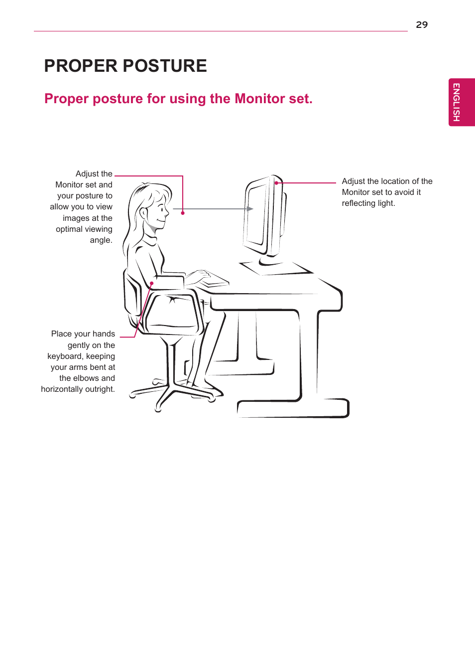 Proper posture, Proper posture for using the monitor set | LG 22EN33T User Manual | Page 29 / 30