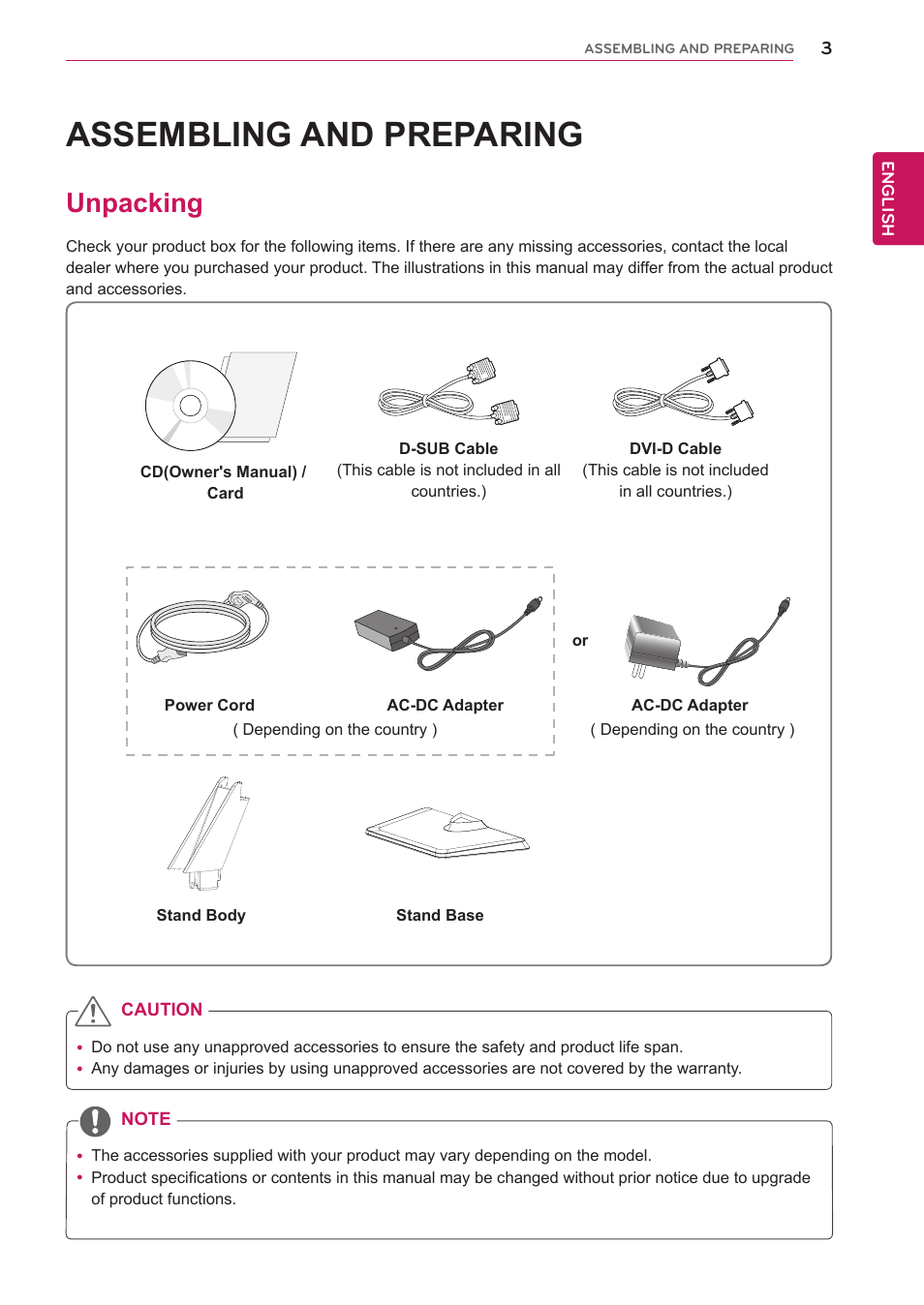 Assembling and preparing, Unpacking, Assembling | Prepar, 3 unpacking | LG 22EN33T User Manual | Page 3 / 30