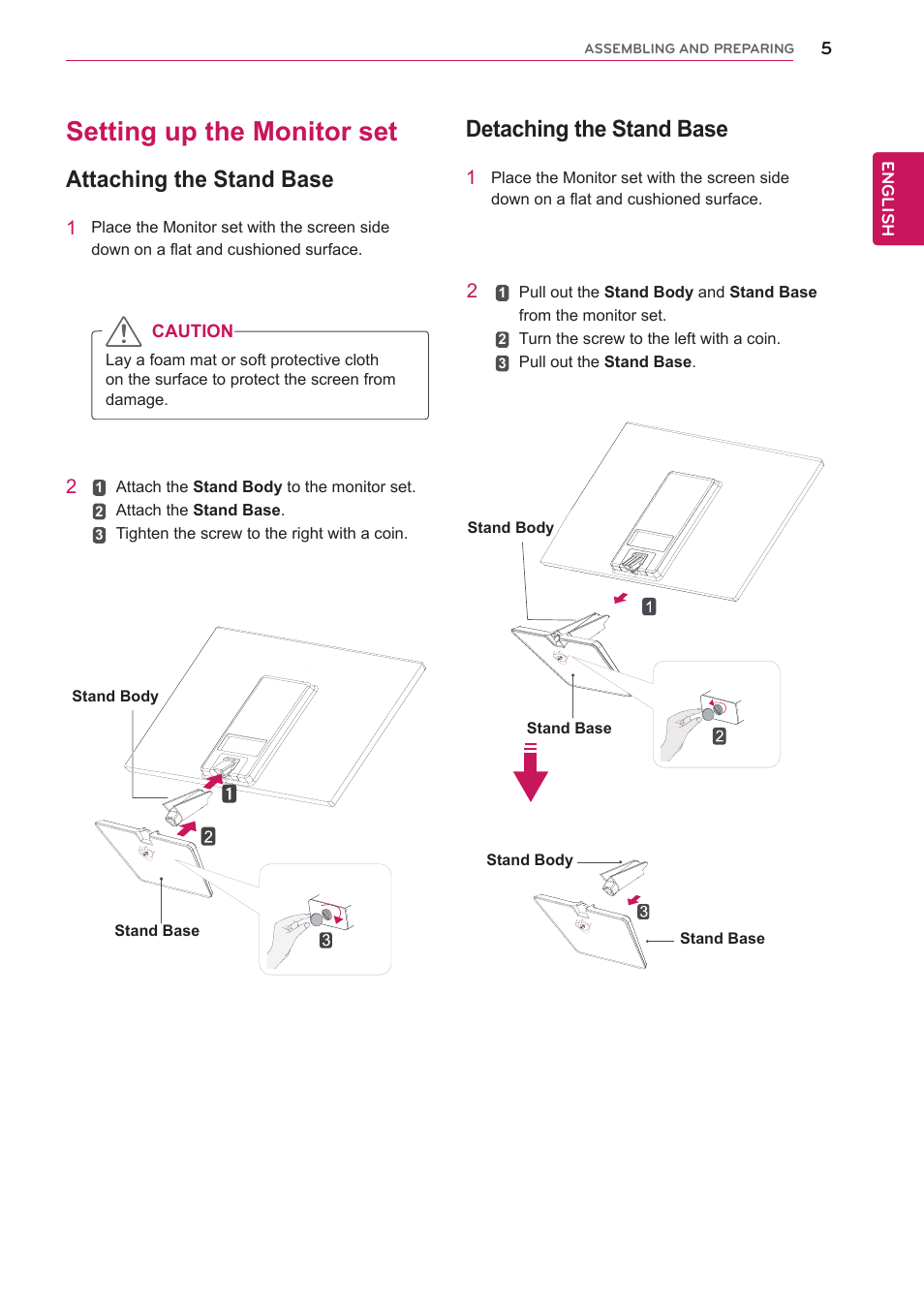 Setting up the monitor set, Attaching the stand base, Detaching the stand base | LG 22EN33T User Manual | Page 5 / 30