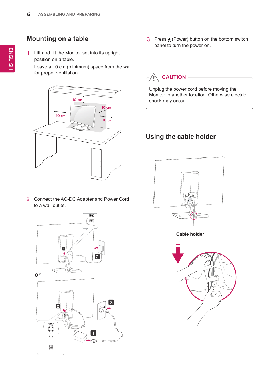 Mounting on a table, Using the cable holder | LG 22EN33T User Manual | Page 6 / 30