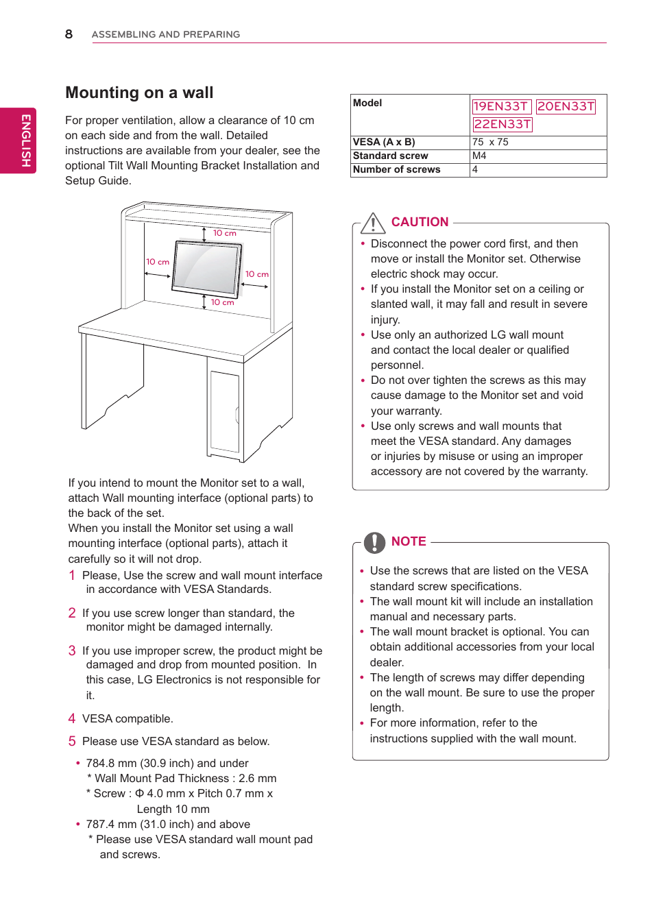 Mounting on a wall | LG 22EN33T User Manual | Page 8 / 30