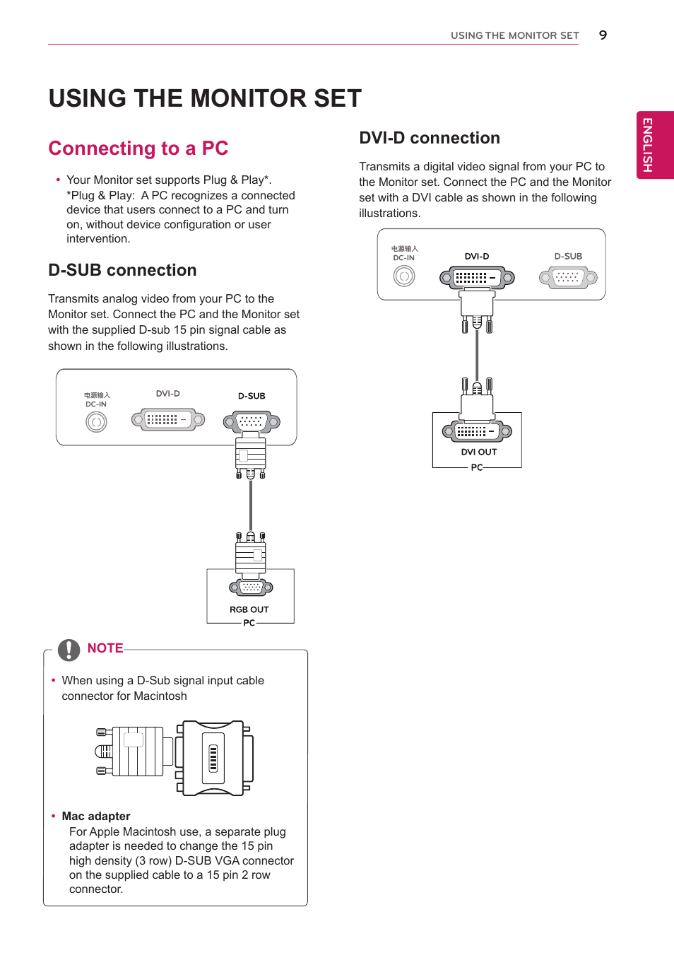 Using the monitor set, Connecting to a pc, D-sub connection | D-sub, Connection, Dvi-d connection | LG 22EN33T User Manual | Page 9 / 30