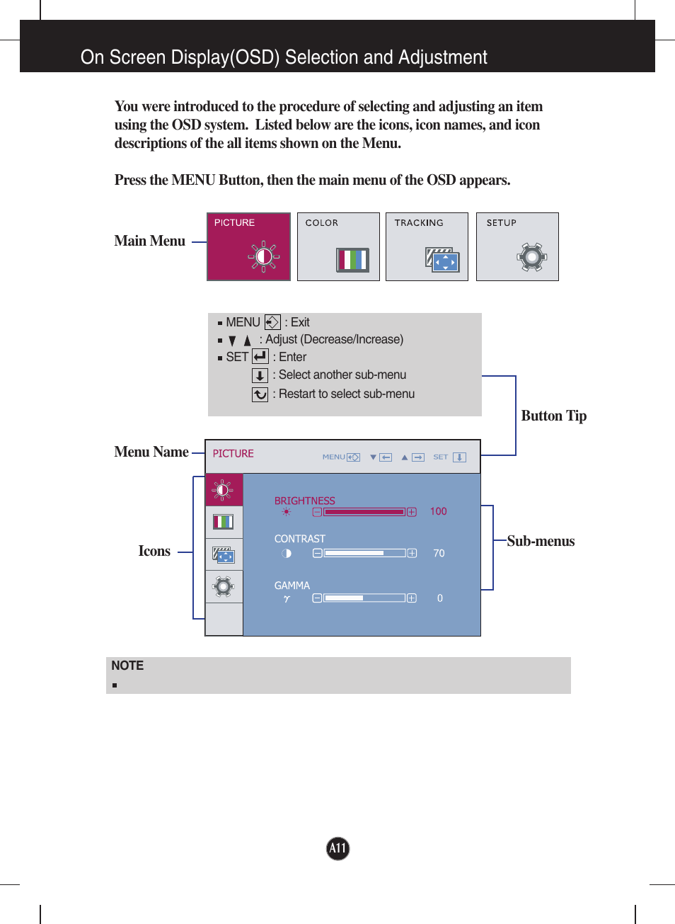 On screen display(osd) selection and adjustment | LG W2230S-PF User Manual | Page 12 / 22