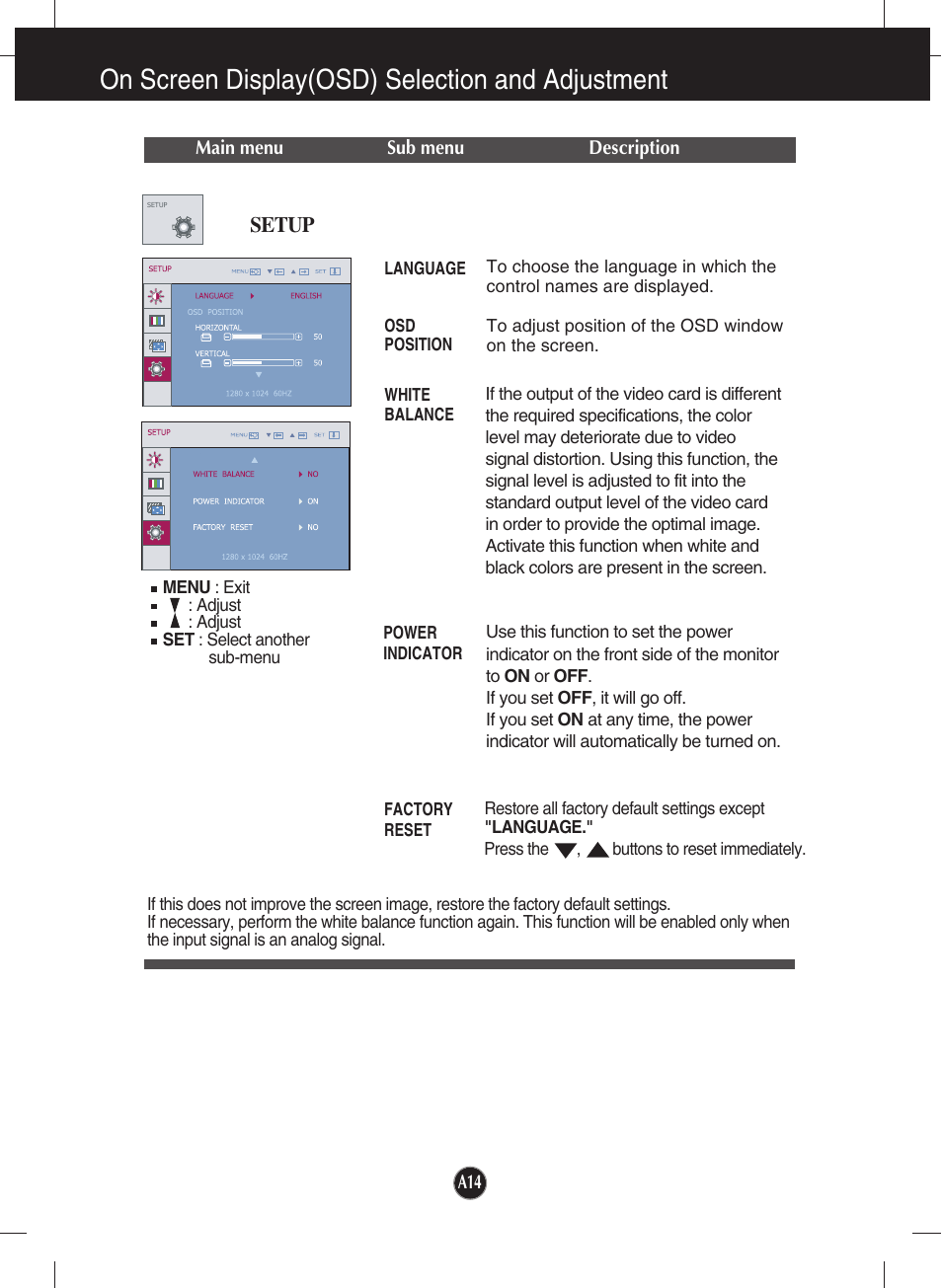 Setup, On screen display(osd) selection and adjustment | LG W2230S-PF User Manual | Page 15 / 22