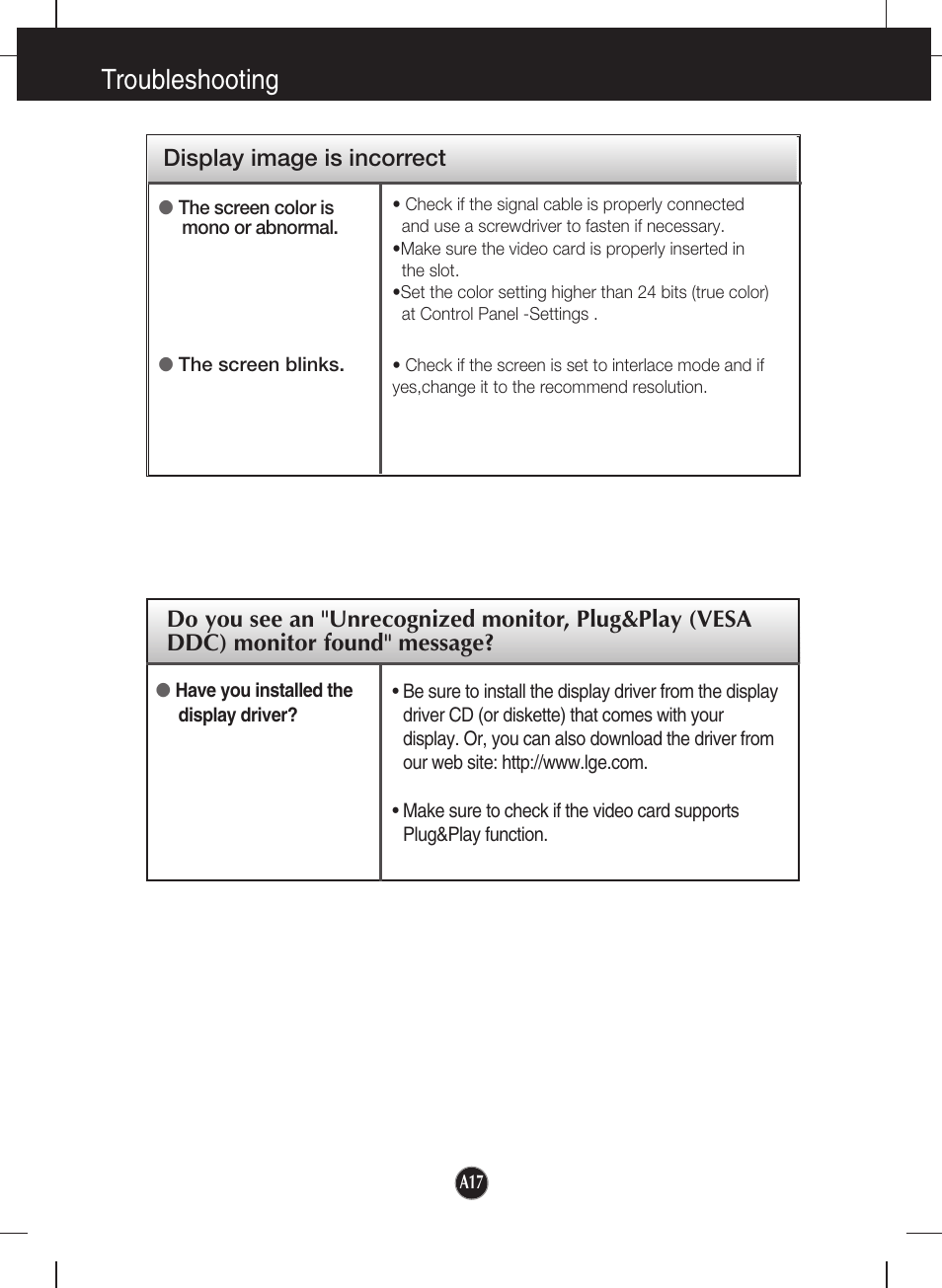 Troubleshooting, Display image is incorrect | LG W2230S-PF User Manual | Page 18 / 22