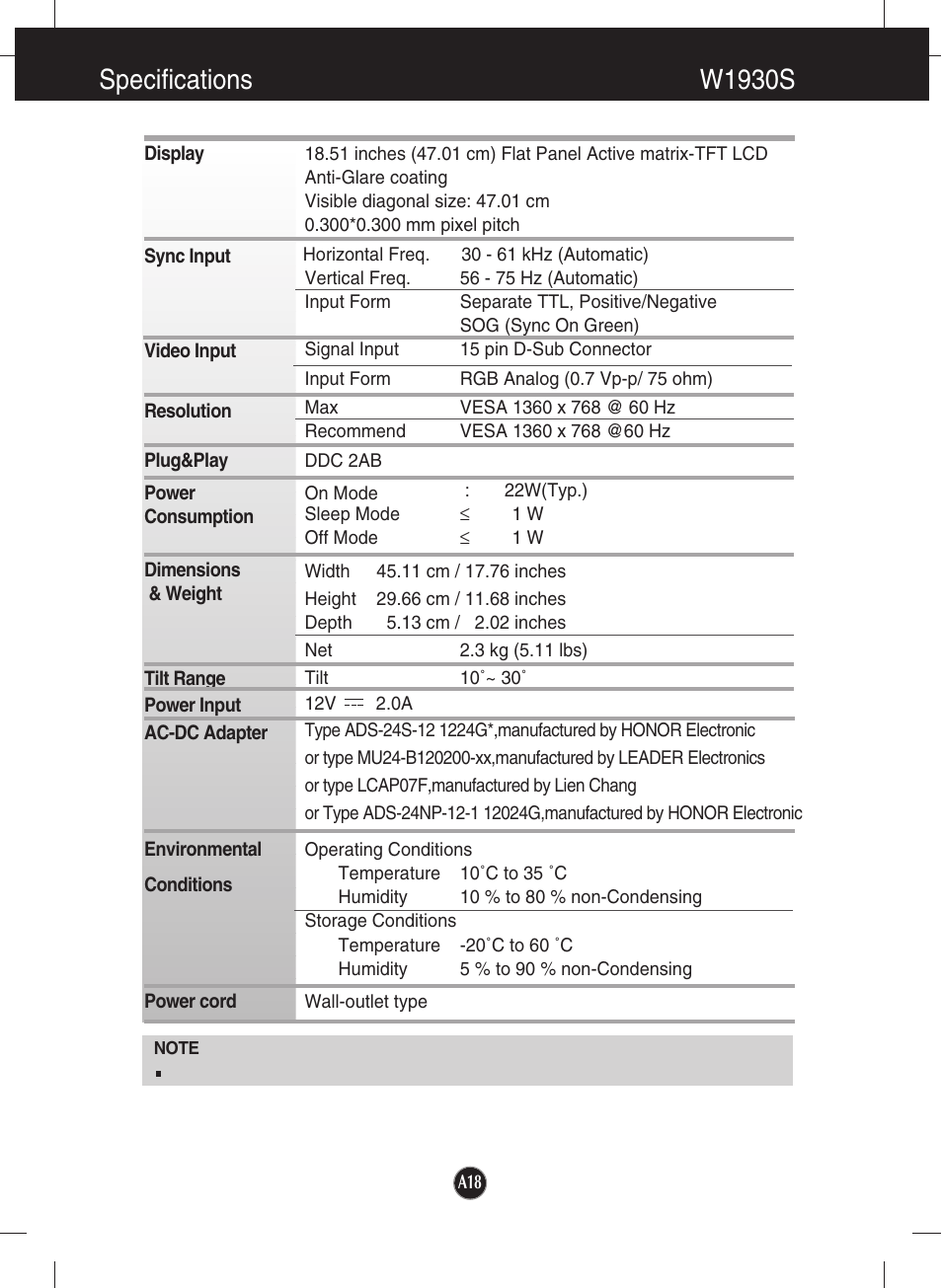 Specifications, W1930s, Specifications w1930s | LG W2230S-PF User Manual | Page 19 / 22