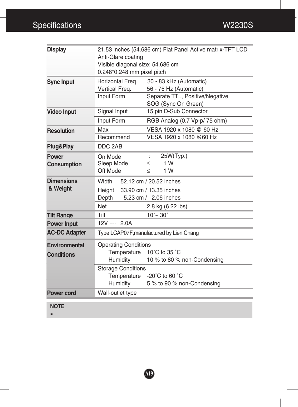 W2230s, Specifications w2230s | LG W2230S-PF User Manual | Page 20 / 22
