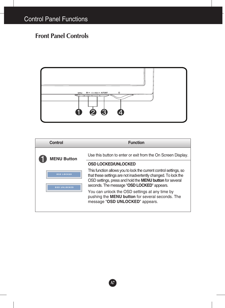 Control panel functions, Front panel controls | LG W2230S-PF User Manual | Page 8 / 22