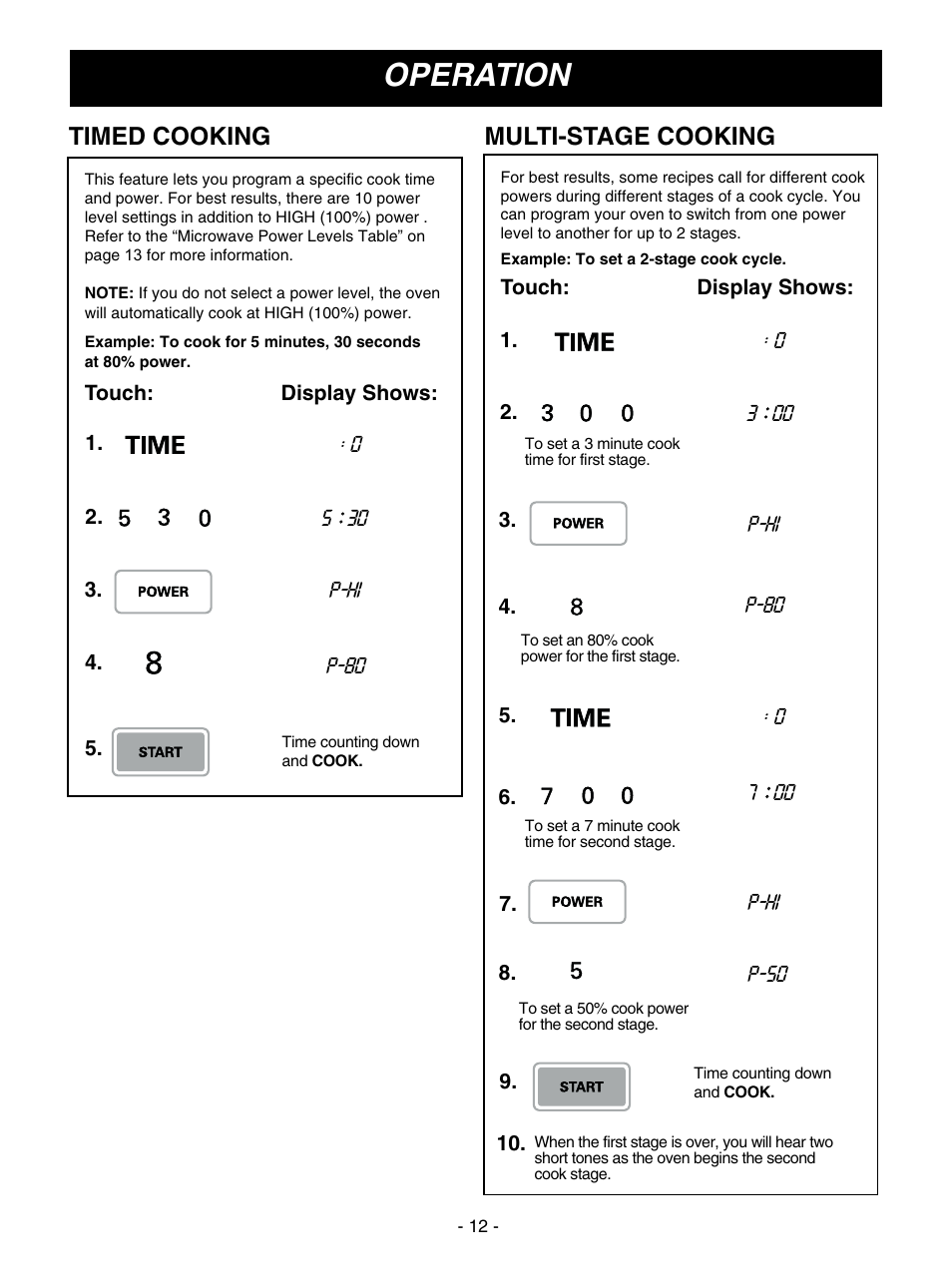 Operation, Timed cooking, Multi-stage cooking | LG MV1608ST User Manual | Page 12 / 30