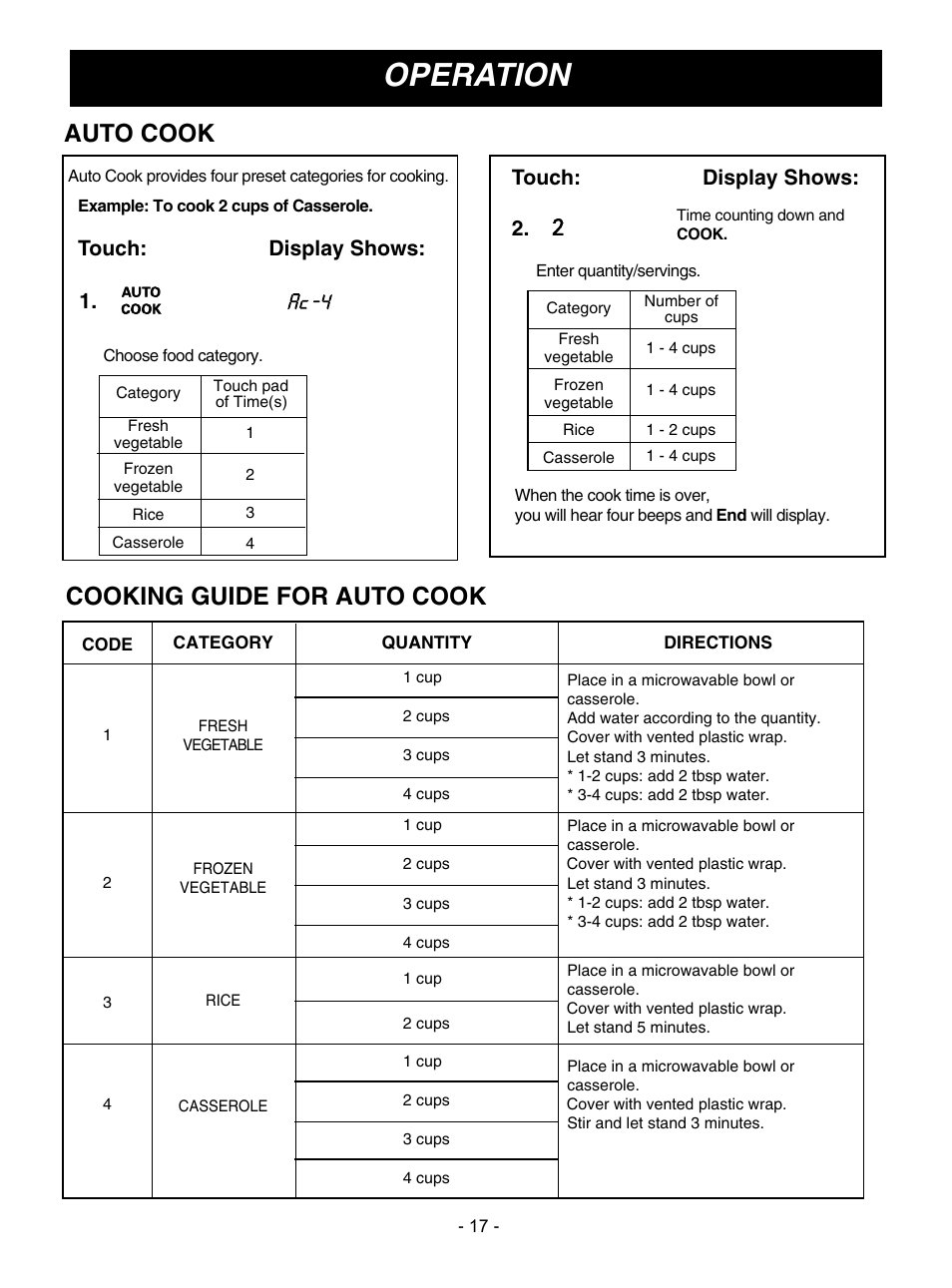 Operation, Auto cook, Cooking guide for auto cook | Touch: display shows, Touch: display show 1, S: 2 | LG MV1608ST User Manual | Page 17 / 30