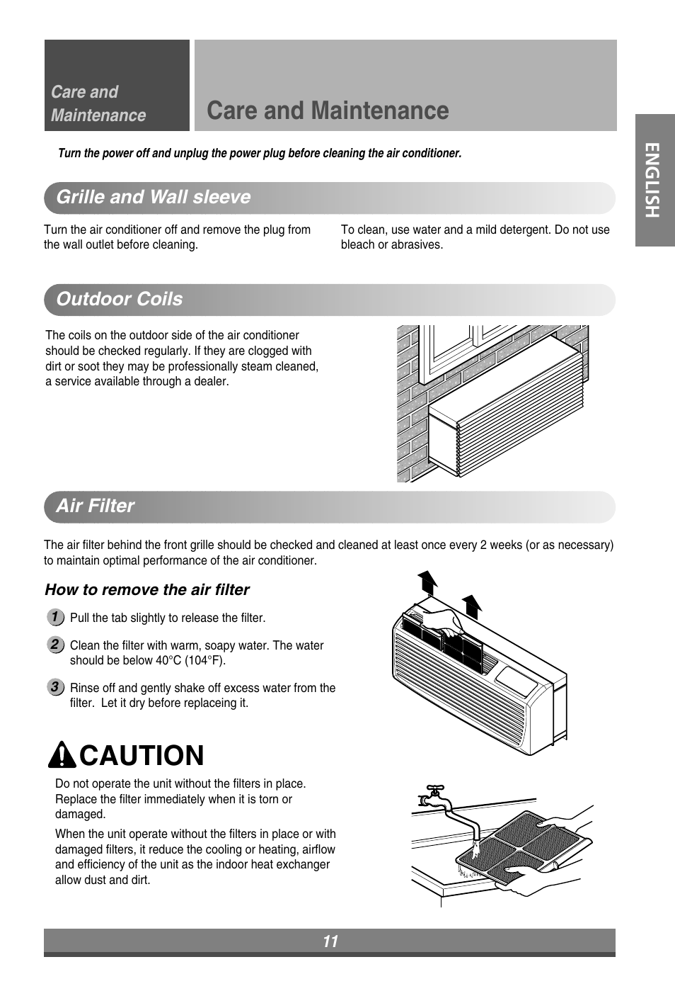 Caution, Care and maintenance, English | Grille and wall sleeve outdoor coils, Air filter | LG LP090HEM User Manual | Page 11 / 20