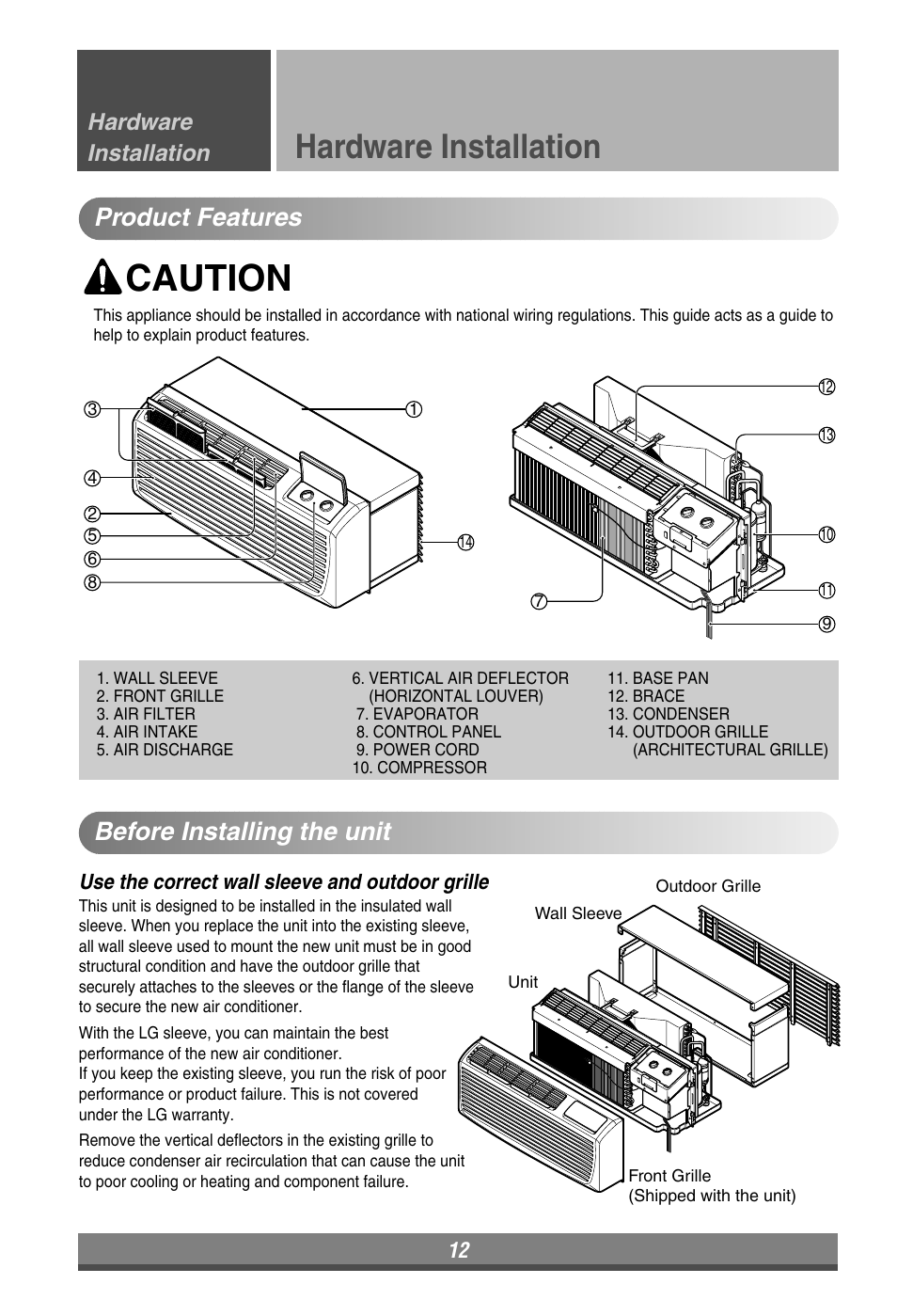 Caution, Hardware installation, Product features before installing the unit | LG LP090HEM User Manual | Page 12 / 20