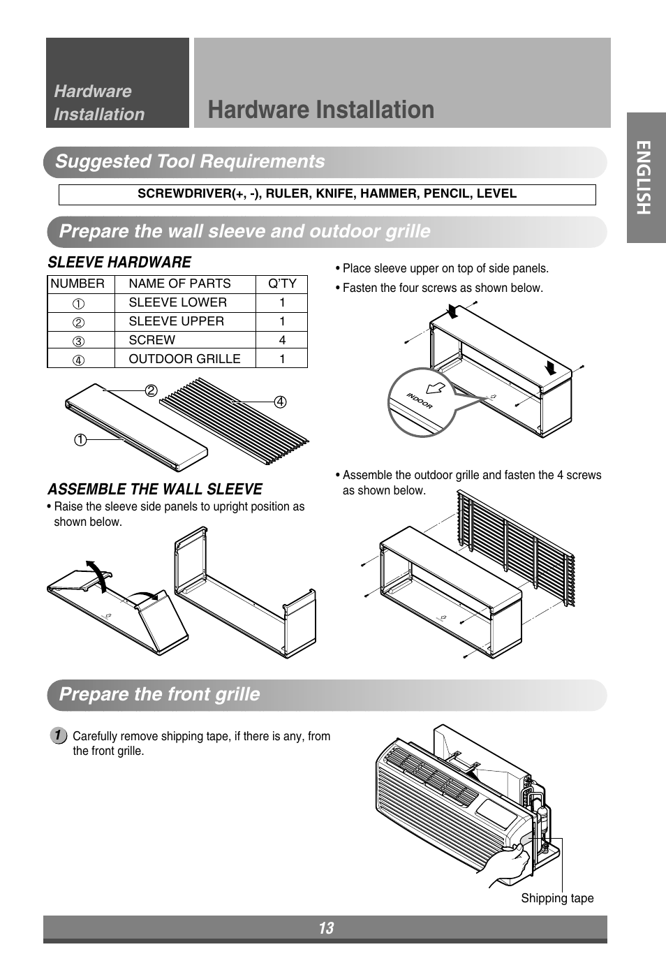 Hardware installation, English, Suggested tool requirements | Sleeve hardware assemble the wall sleeve | LG LP090HEM User Manual | Page 13 / 20