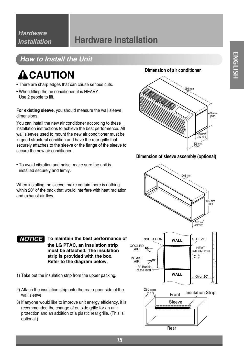 Caution, Hardware installation, English how to install the unit | Notice | LG LP090HEM User Manual | Page 15 / 20